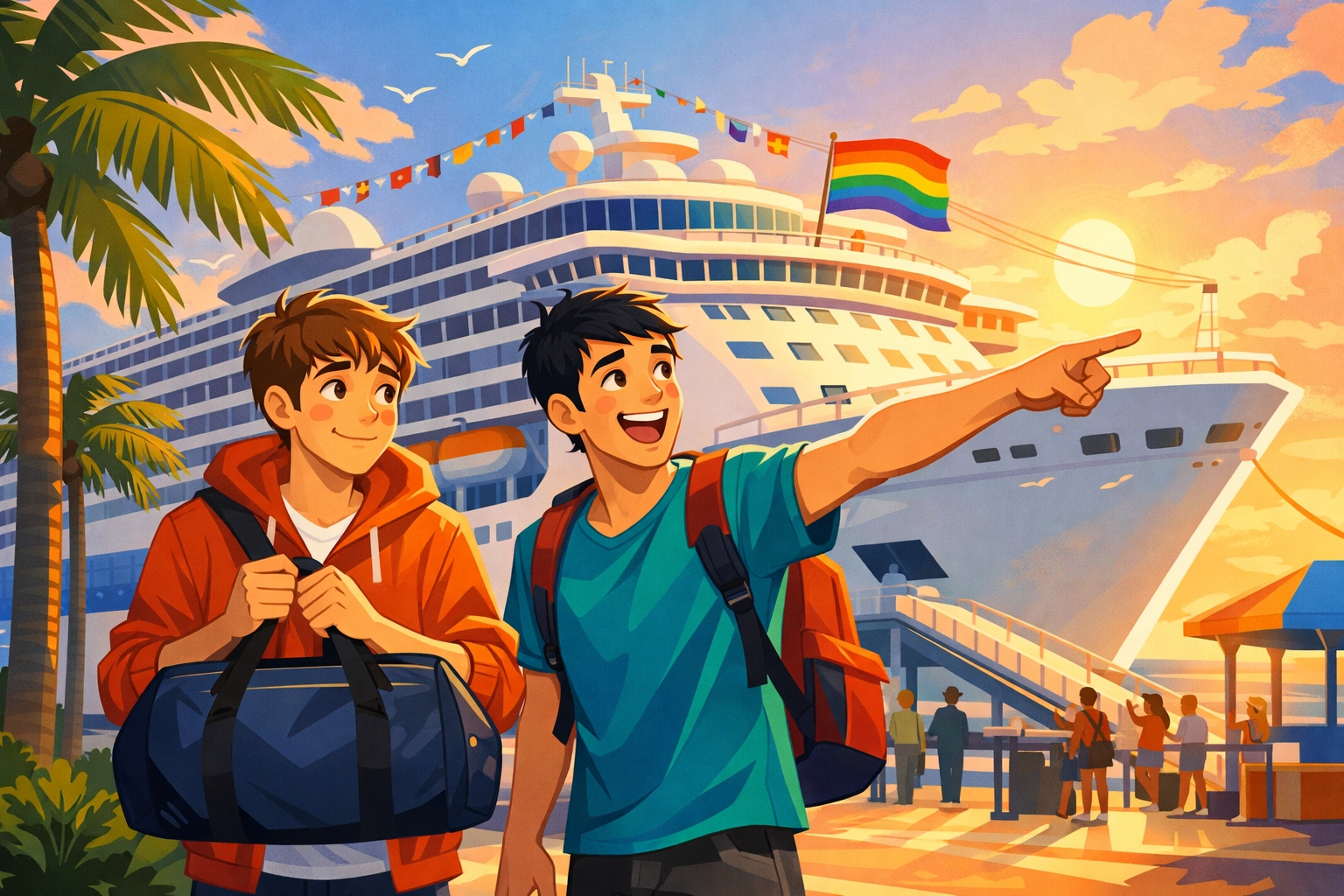 Two men at gay cruise terminal preparing to board ship for first-time cruise experience