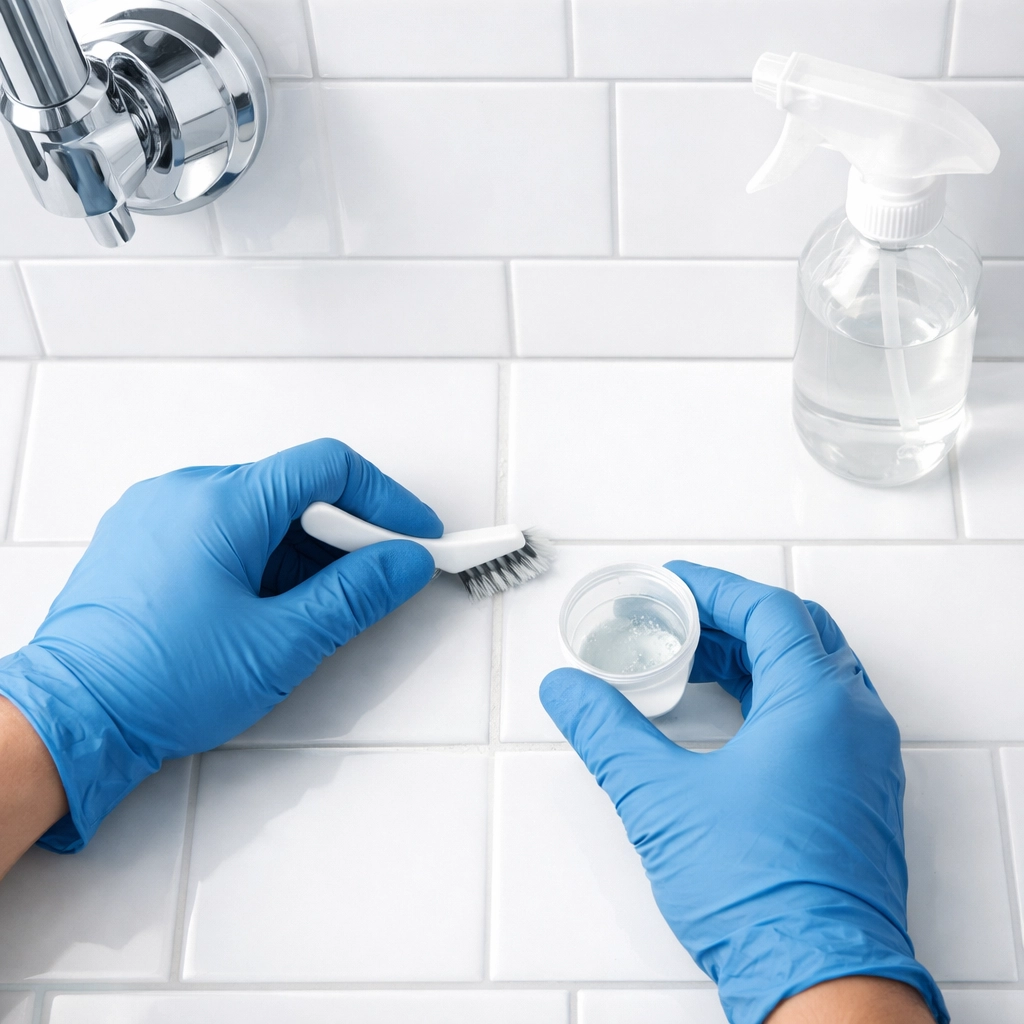 Detailed grout cleaning in bathroom tile with brush during professional apartment make-ready