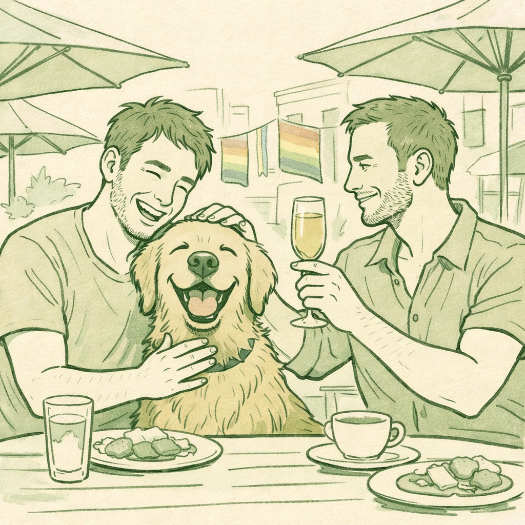 Gay couple enjoying brunch with golden retriever at Gay Village fundraising event