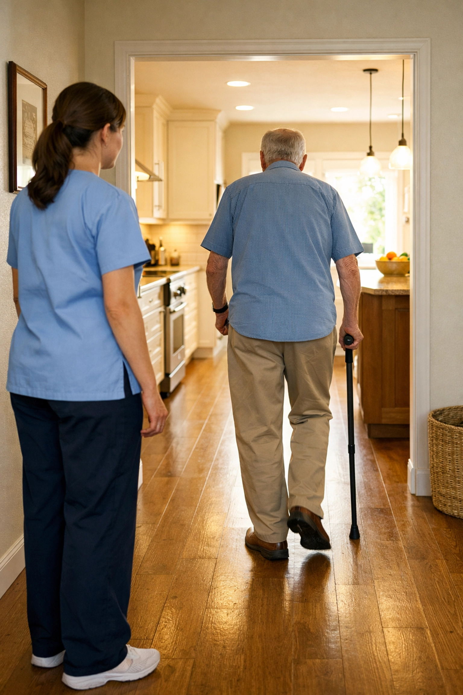 Caregiver observing an older adult walking through a clear hallway to assess mobility and balance.