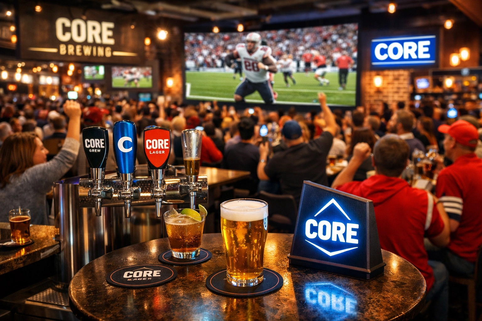 Sports bar venue activation with branded elements and fans during major sporting event