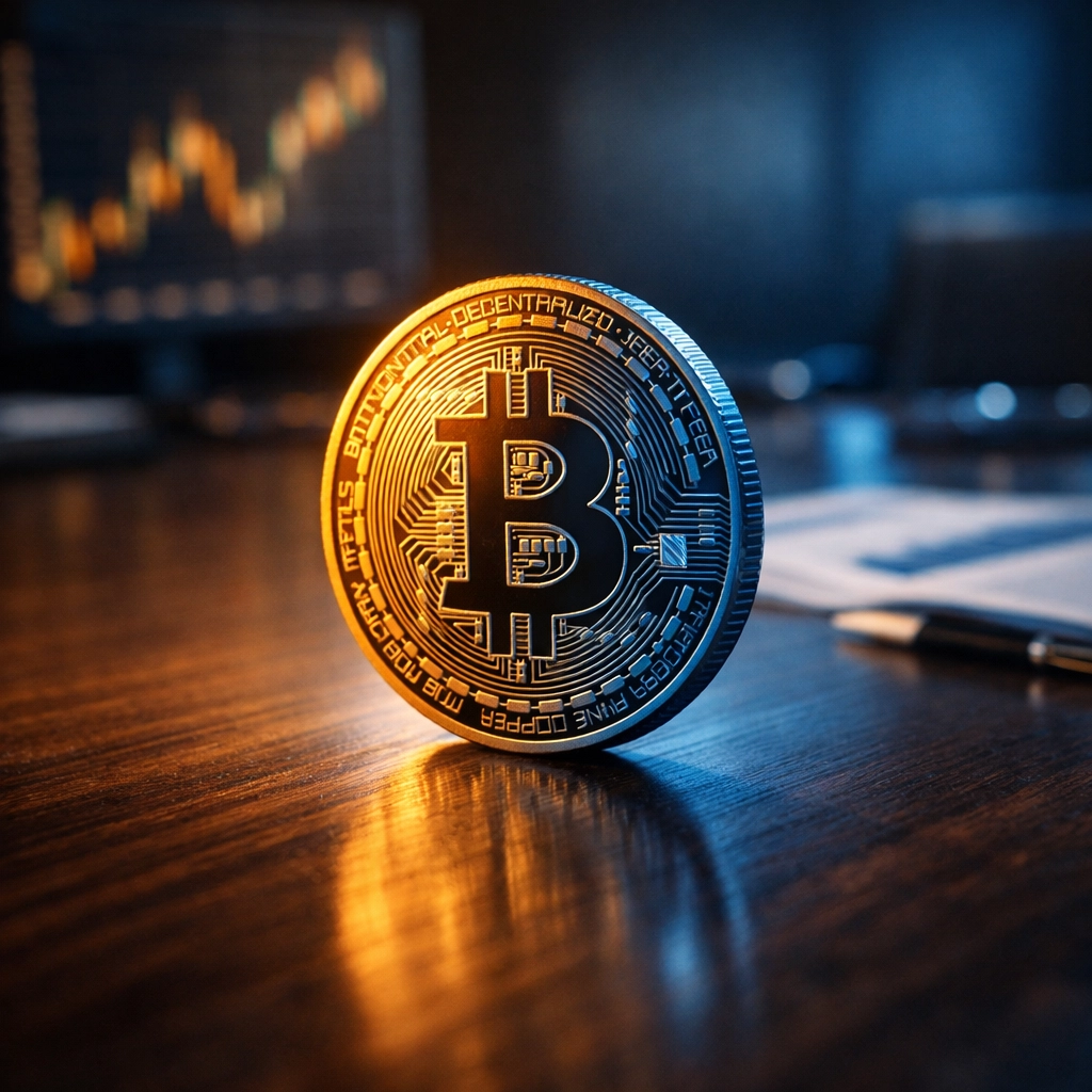 Bitcoin coin on boardroom table representing institutional cryptocurrency investment strategy