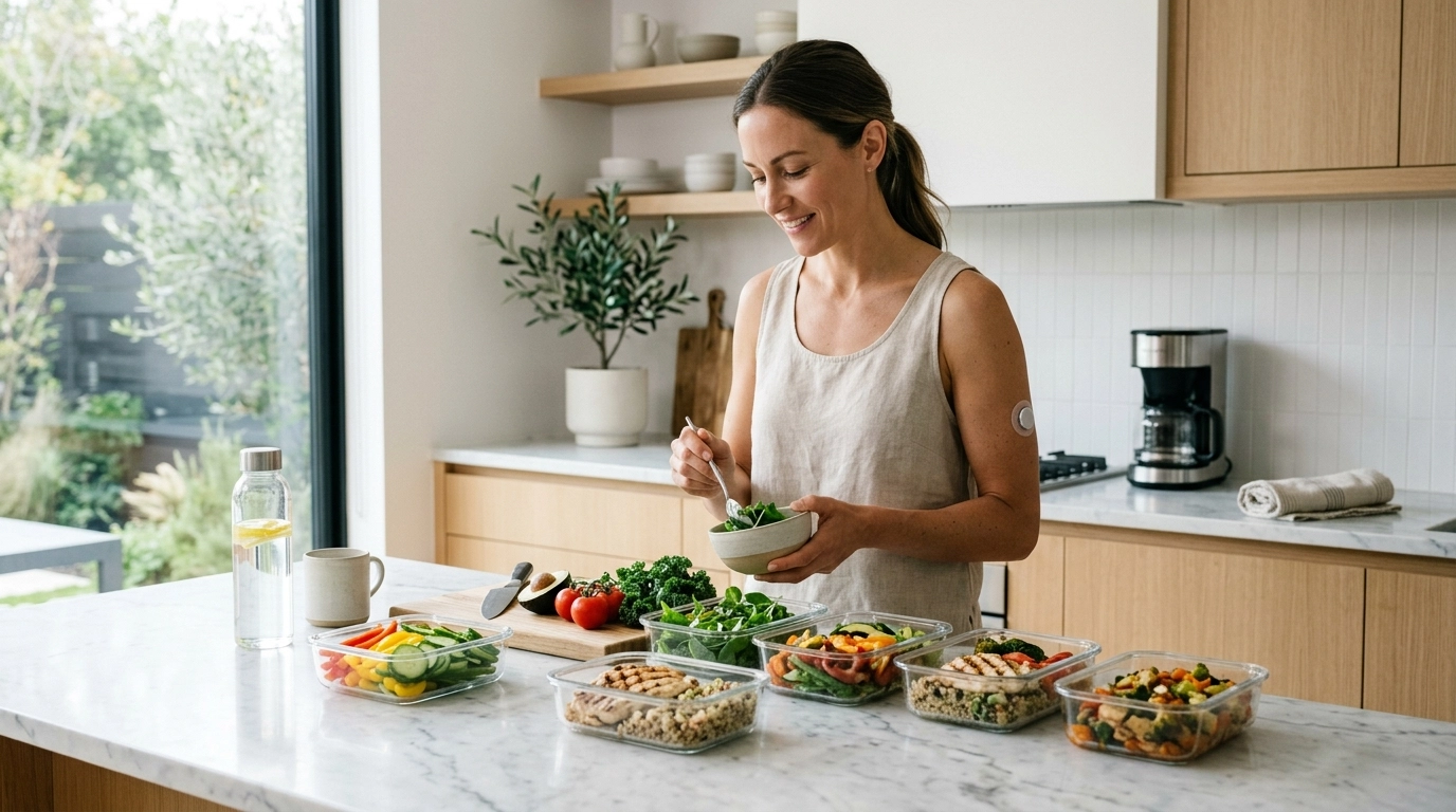 Premium lifestyle photography of healthy meal prep and a clean wellness routine supporting GLP-1 treatment