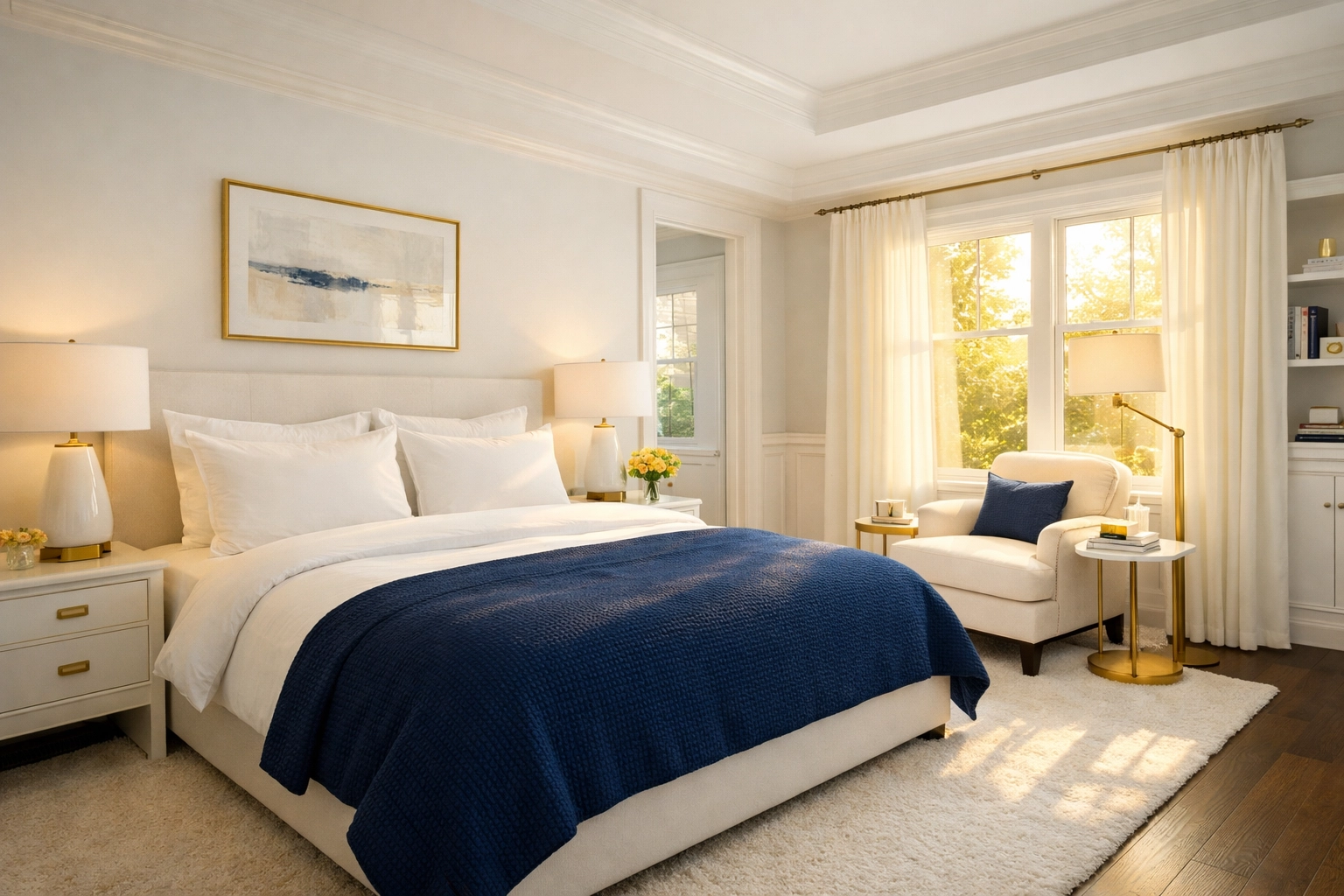 Organized luxury bedroom in Lincoln, Massachusetts, reflecting a professional residential clean.