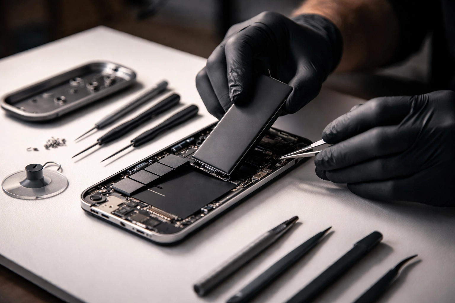 Technician replacing an iPhone battery with precision tools, showcasing expert mobile phone repair services in Brooklyn.