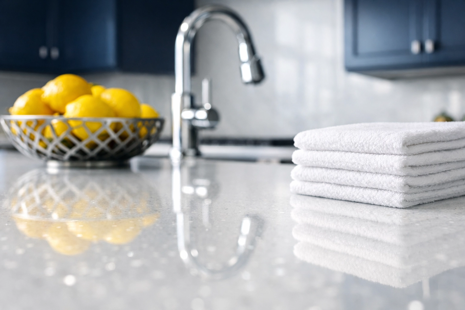 A sparkling white quartz kitchen in a Worcester home after professional Saturday cleaning services.
