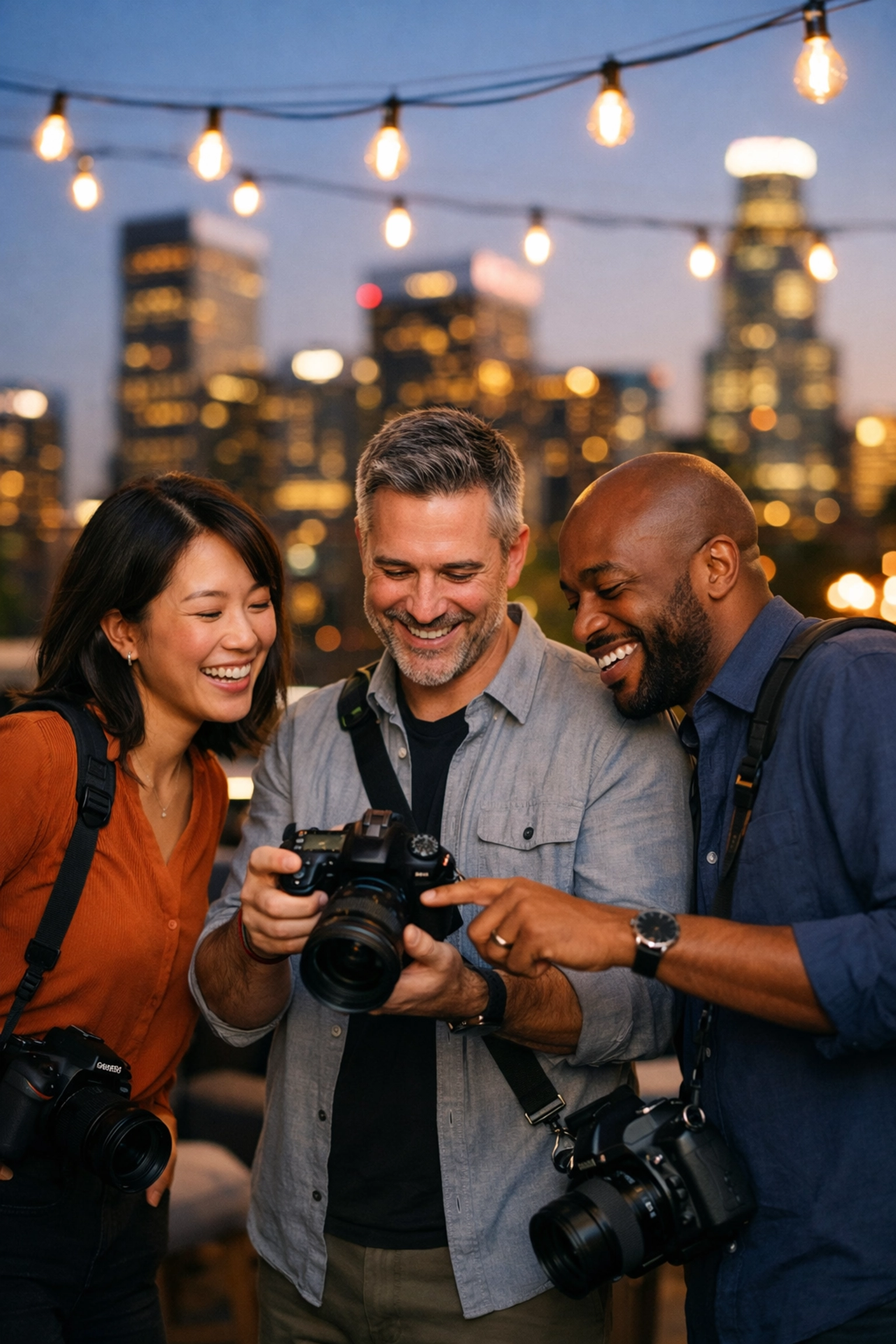 Professional photographers networking and sharing skills at a city rooftop photography event.