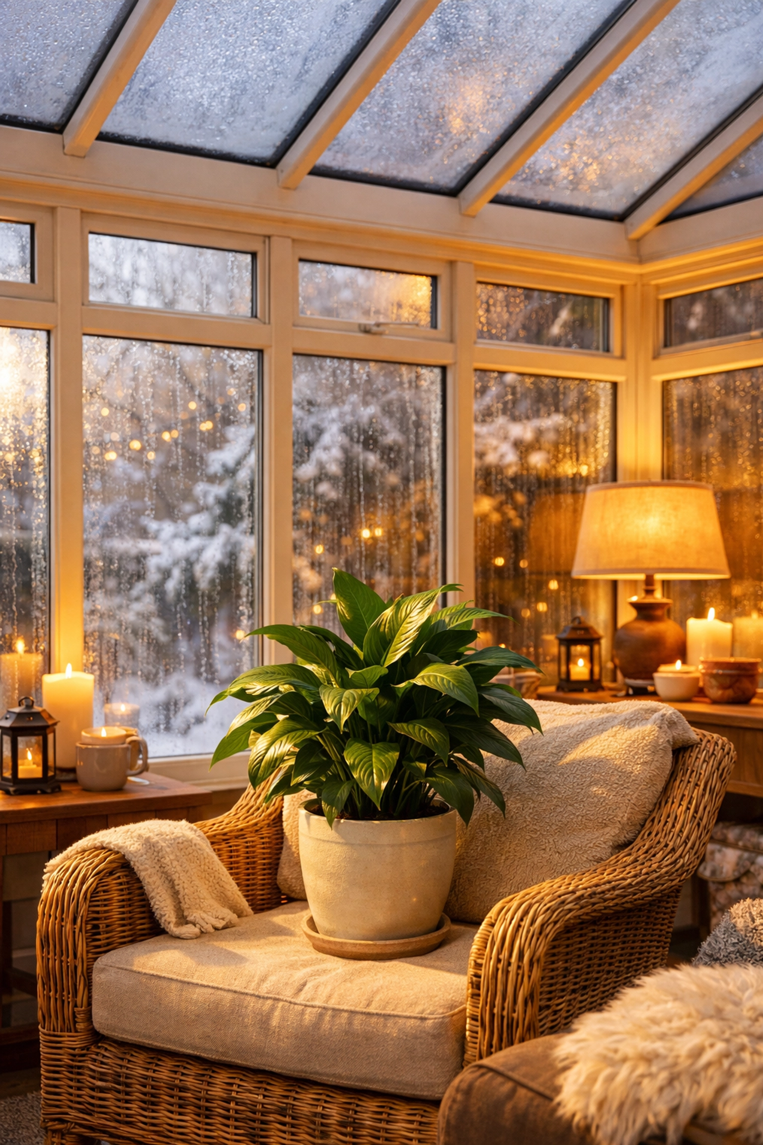 Cold conservatory in winter with frost and condensation on windows in Poole home
