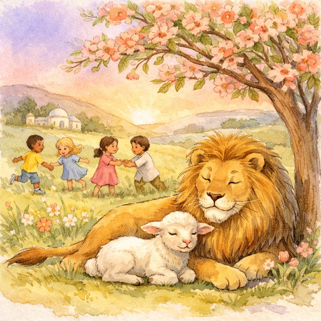 Lion and lamb resting peacefully with children playing during the millennial reign of Jesus Christ