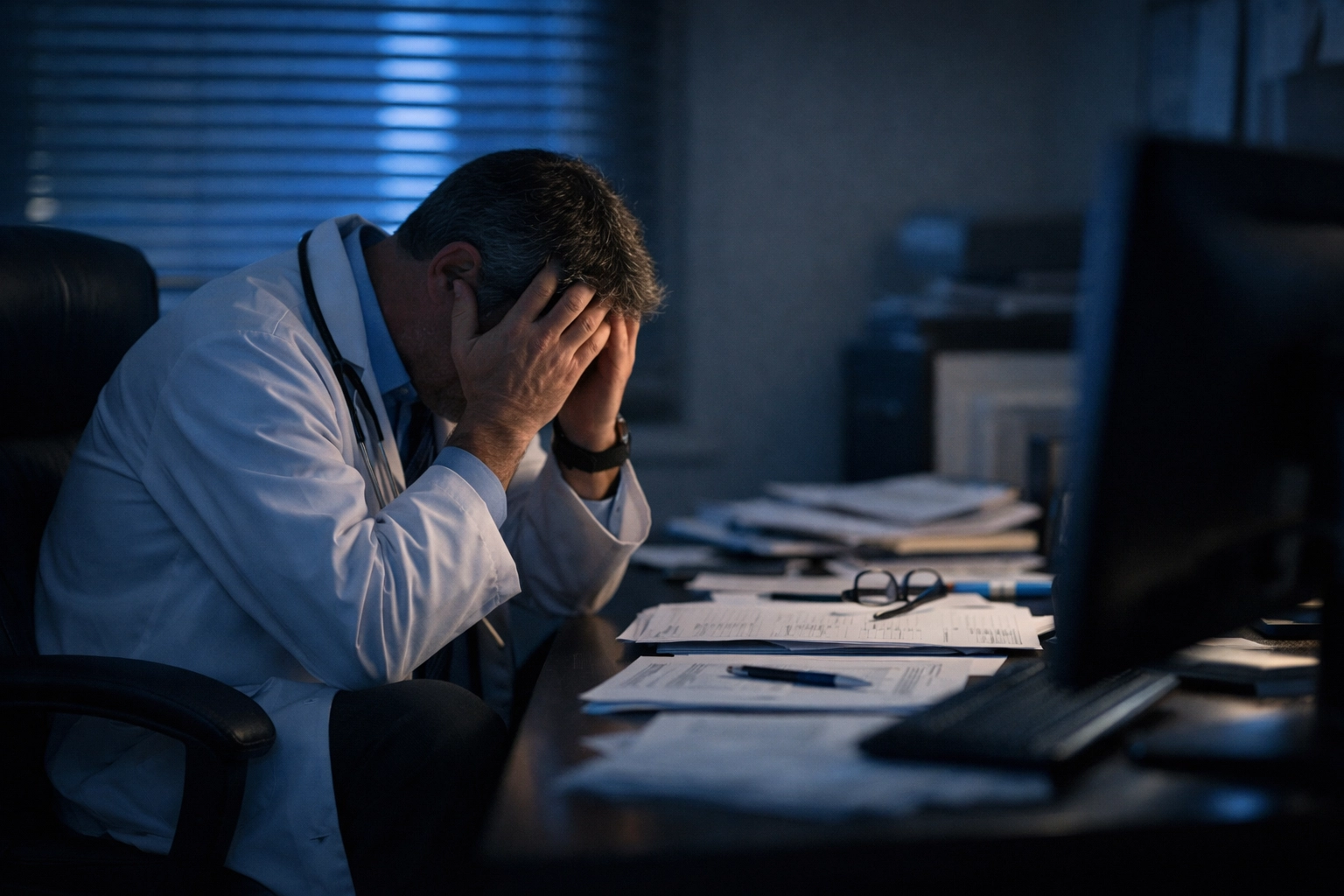 Healthcare leader experiencing secondary trauma isolation in office after hours
