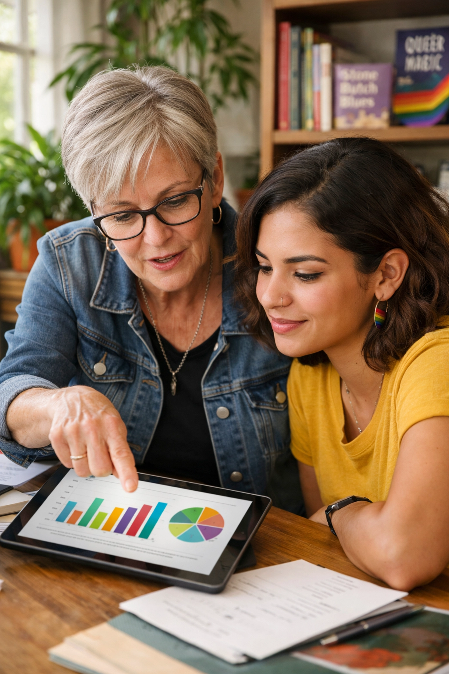 Two lesbian colleagues engaged in professional mentorship and strategic career planning in a modern office.