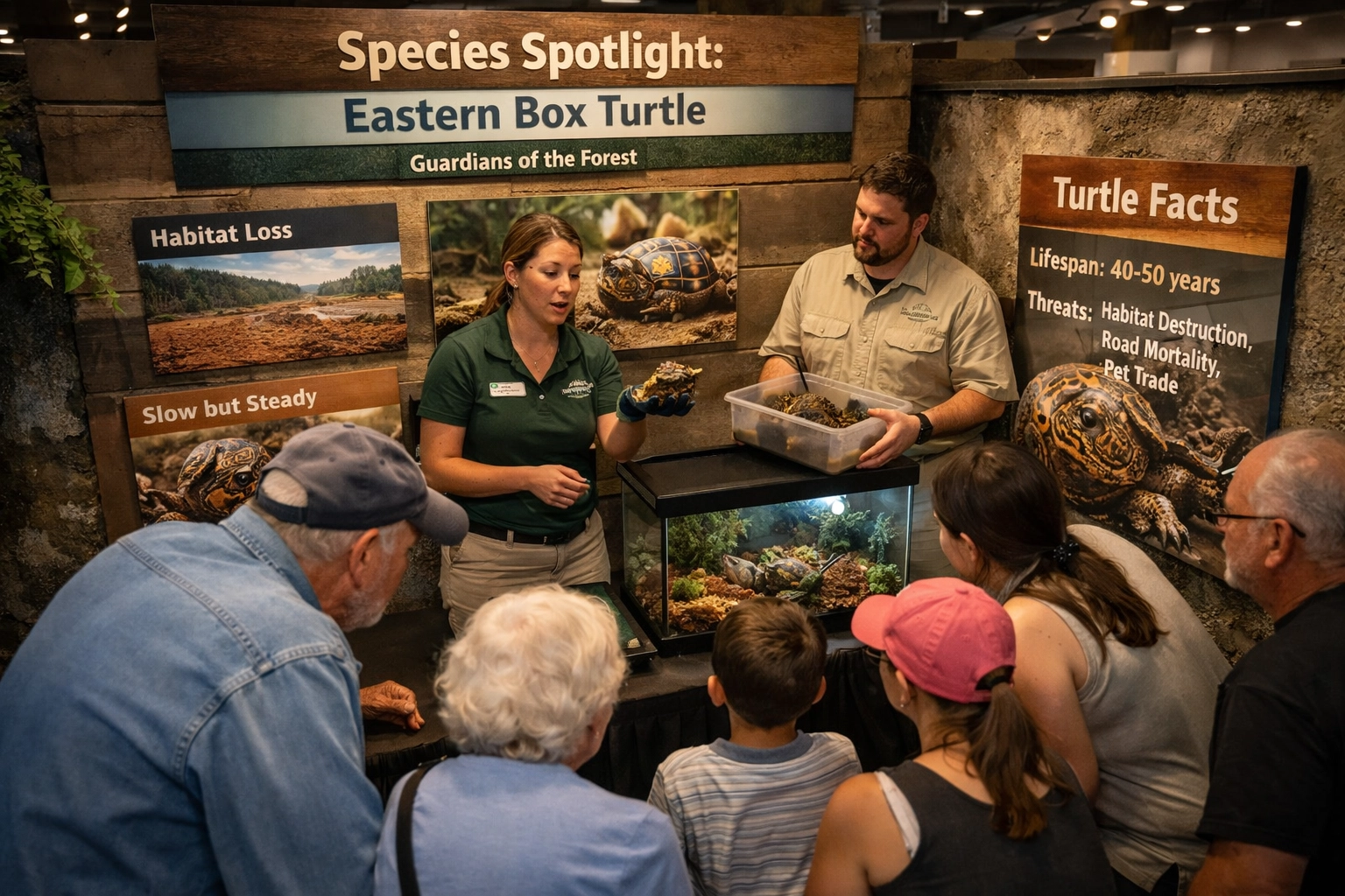 Zoo visitors engaging with species spotlight display and conservation education program