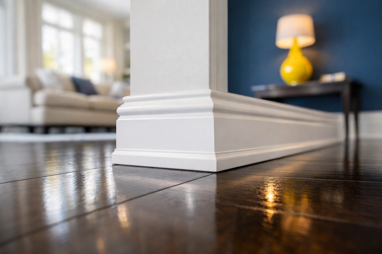 Detail of clean white baseboards and polished hardwood floors from a professional deep cleaning MA.