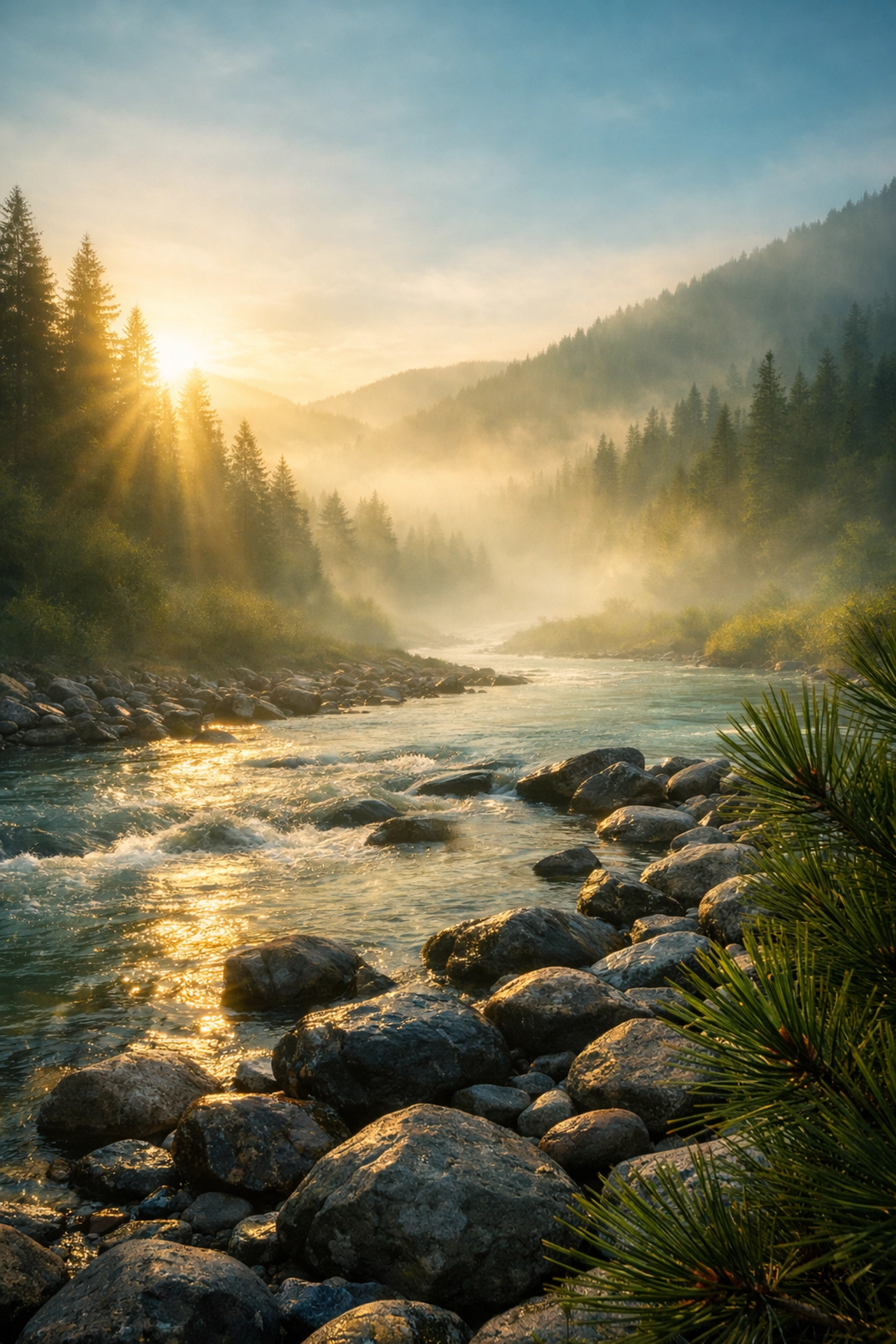 Cinematic misty river landscape at dawn using the Orton Effect to create a soft, professional glow.