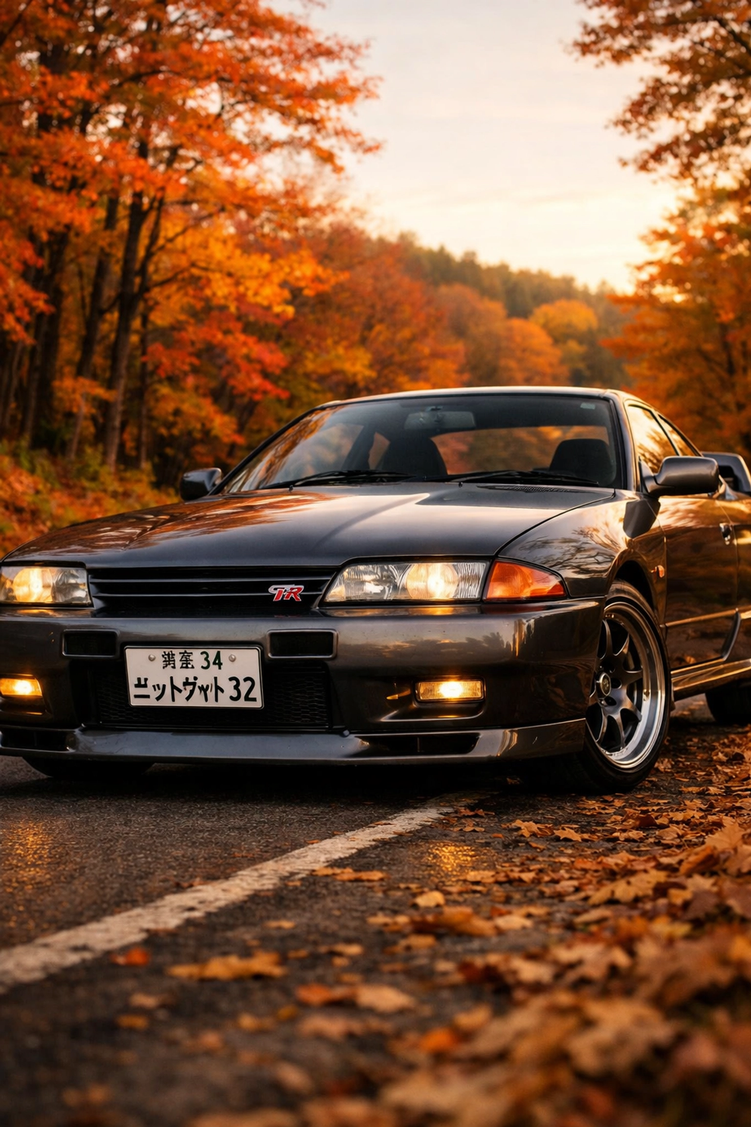 A grey Nissan Skyline GT-R R32 parked in the Litchfield Hills, CT during autumn foliage.