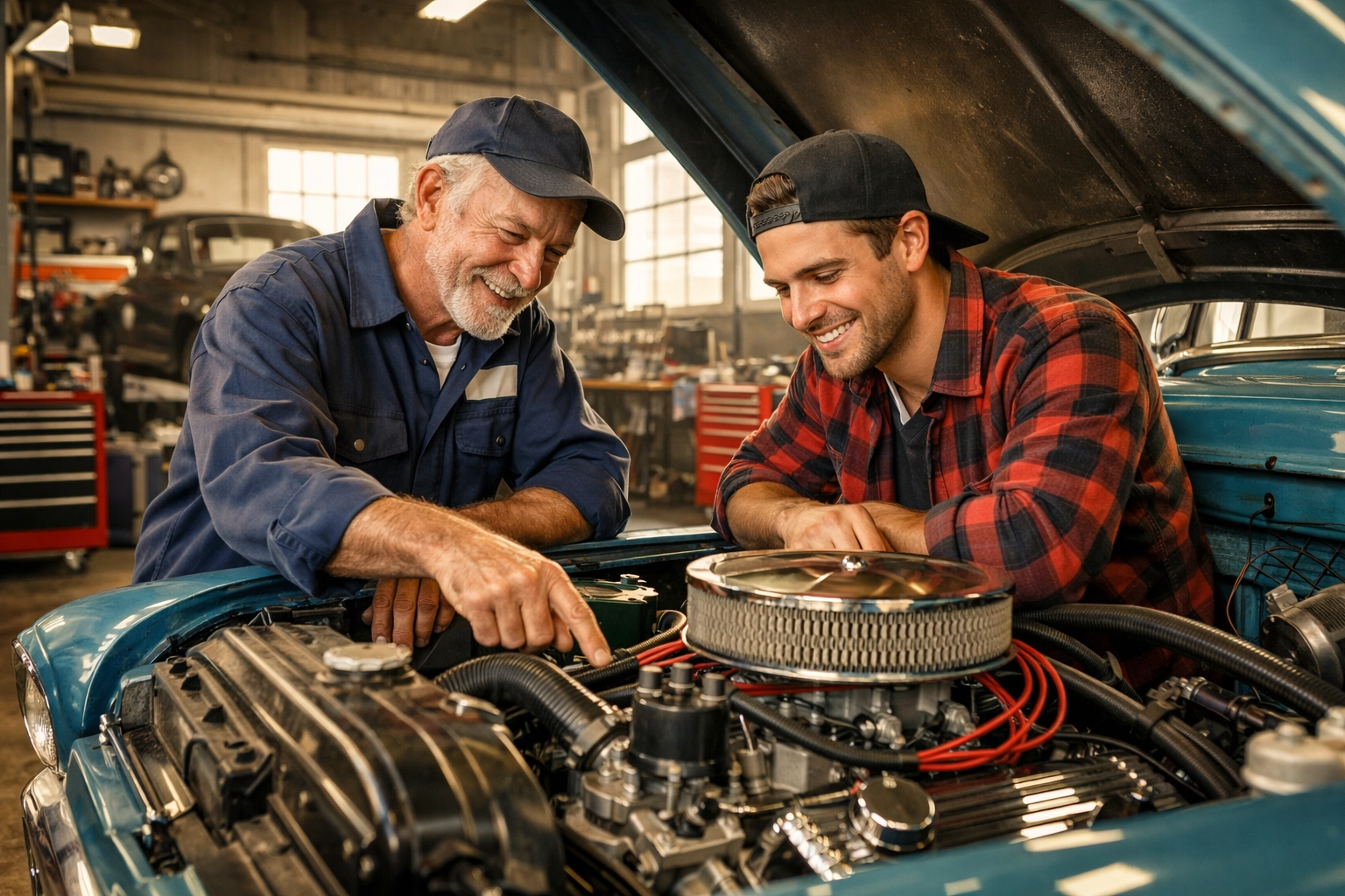 Expert mechanic mentoring a car enthusiast during a classic truck restoration in Edgemoor, DE.