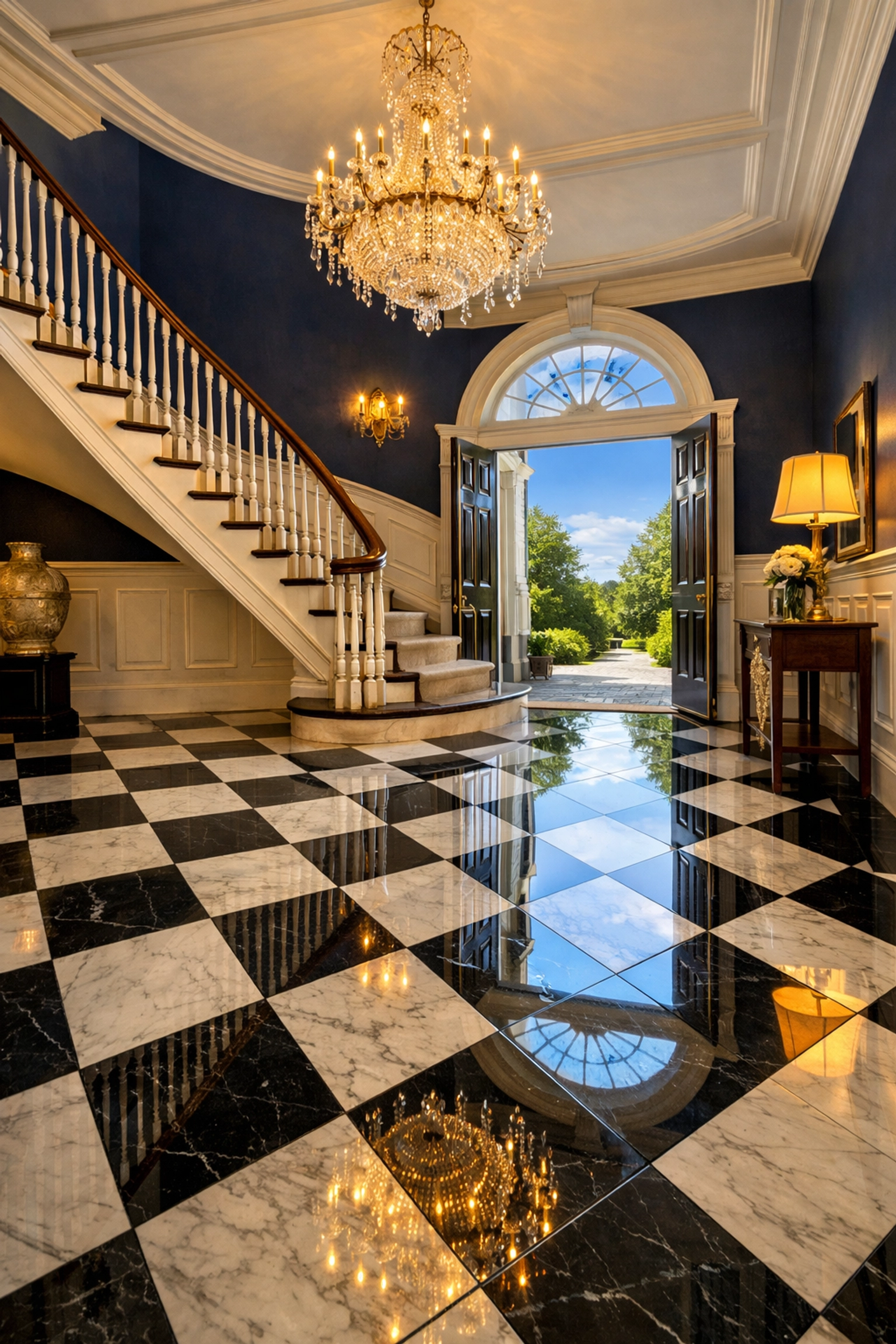 Professional house cleaning Lincoln MA for historic estates featuring impeccably clean checkered marble foyer floors.