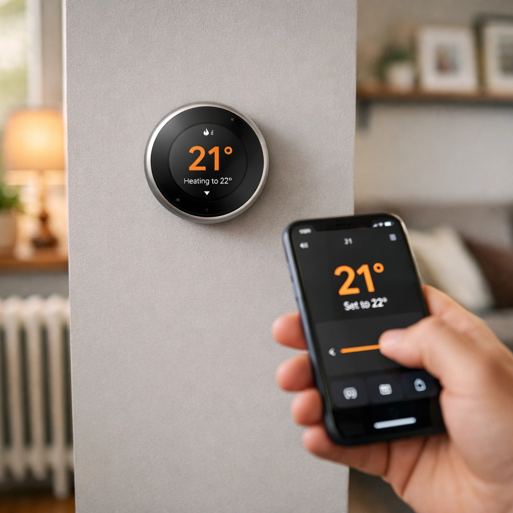 Smart thermostat being controlled by smartphone to reduce heating bills in UK home