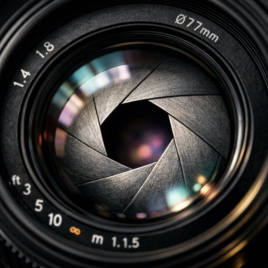 Close-up of camera lens aperture blades used for manual mode photography tutorials.