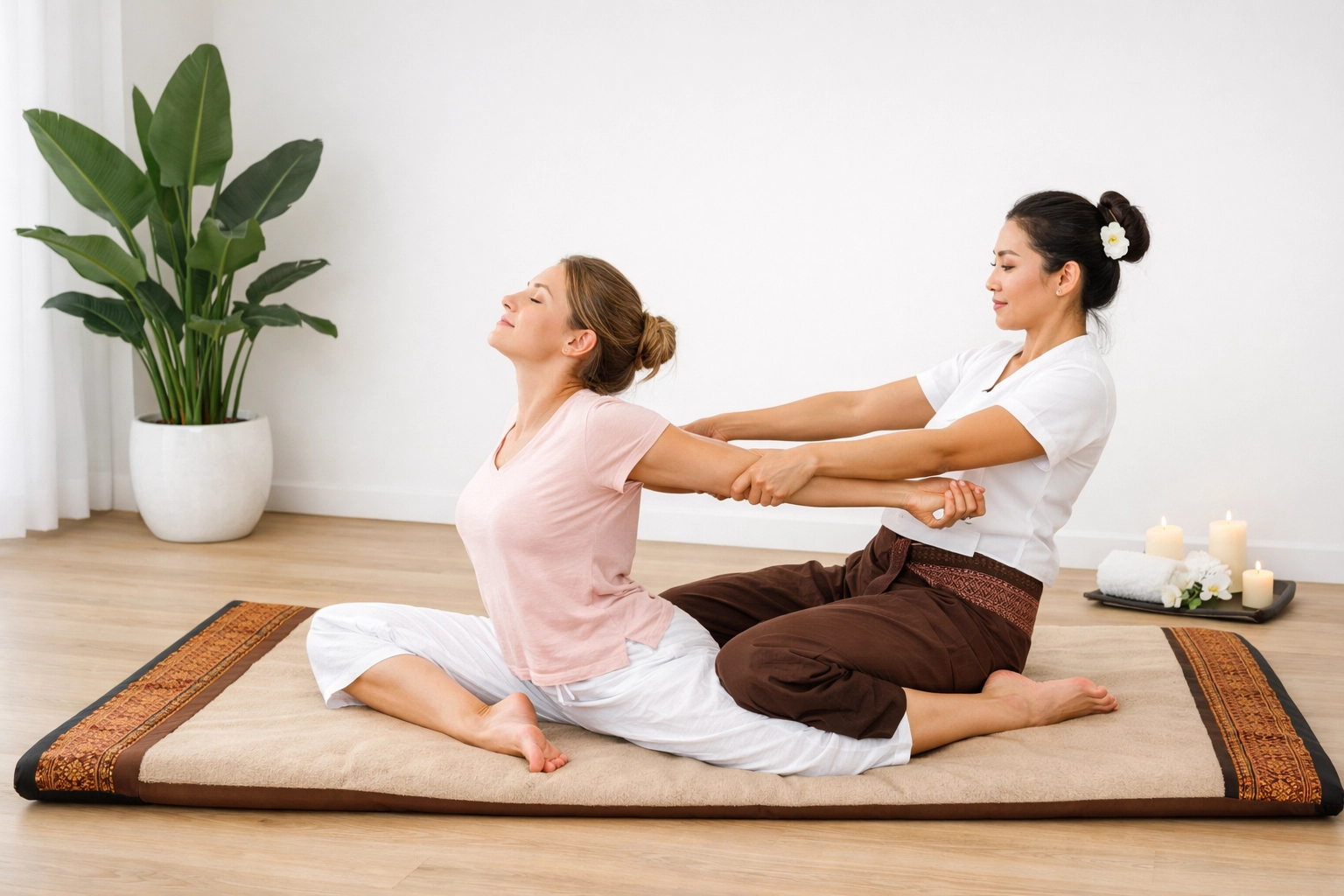 A professional Thai massage in Edmonton showing a therapist assisting a client with deep stretching on a floor mat.