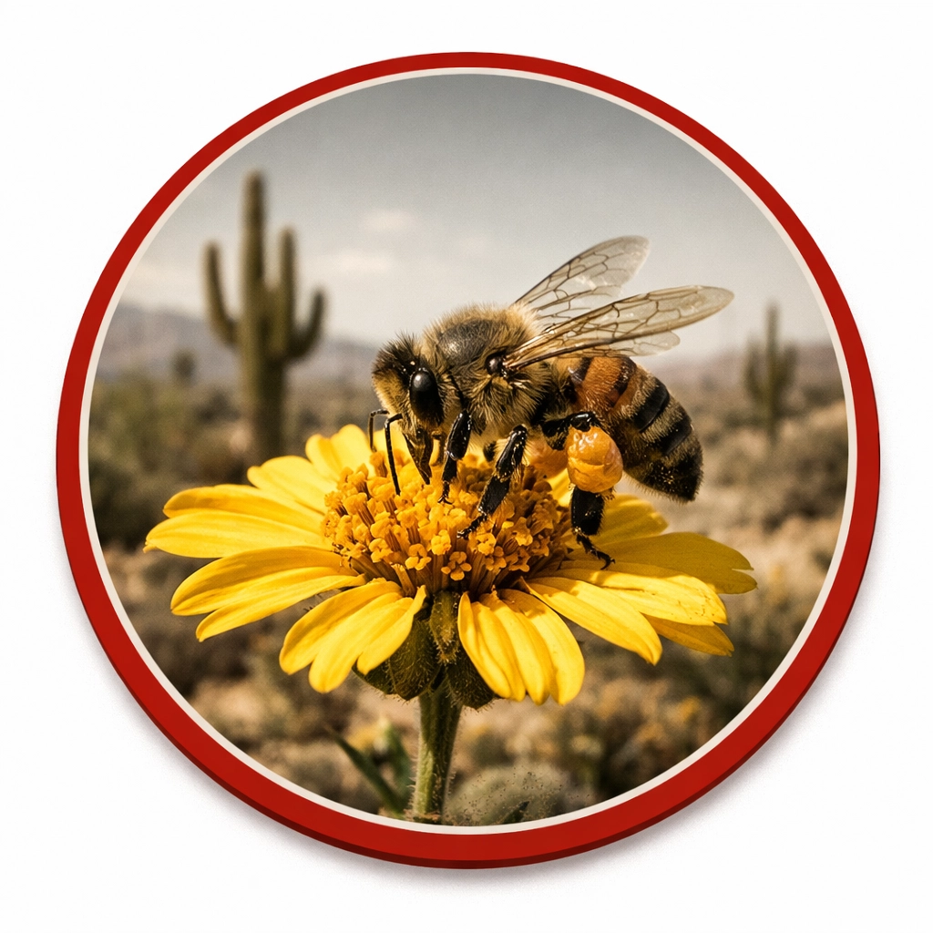 Close-up of a honeybee on a desert bloom during Arizona spring swarm season.