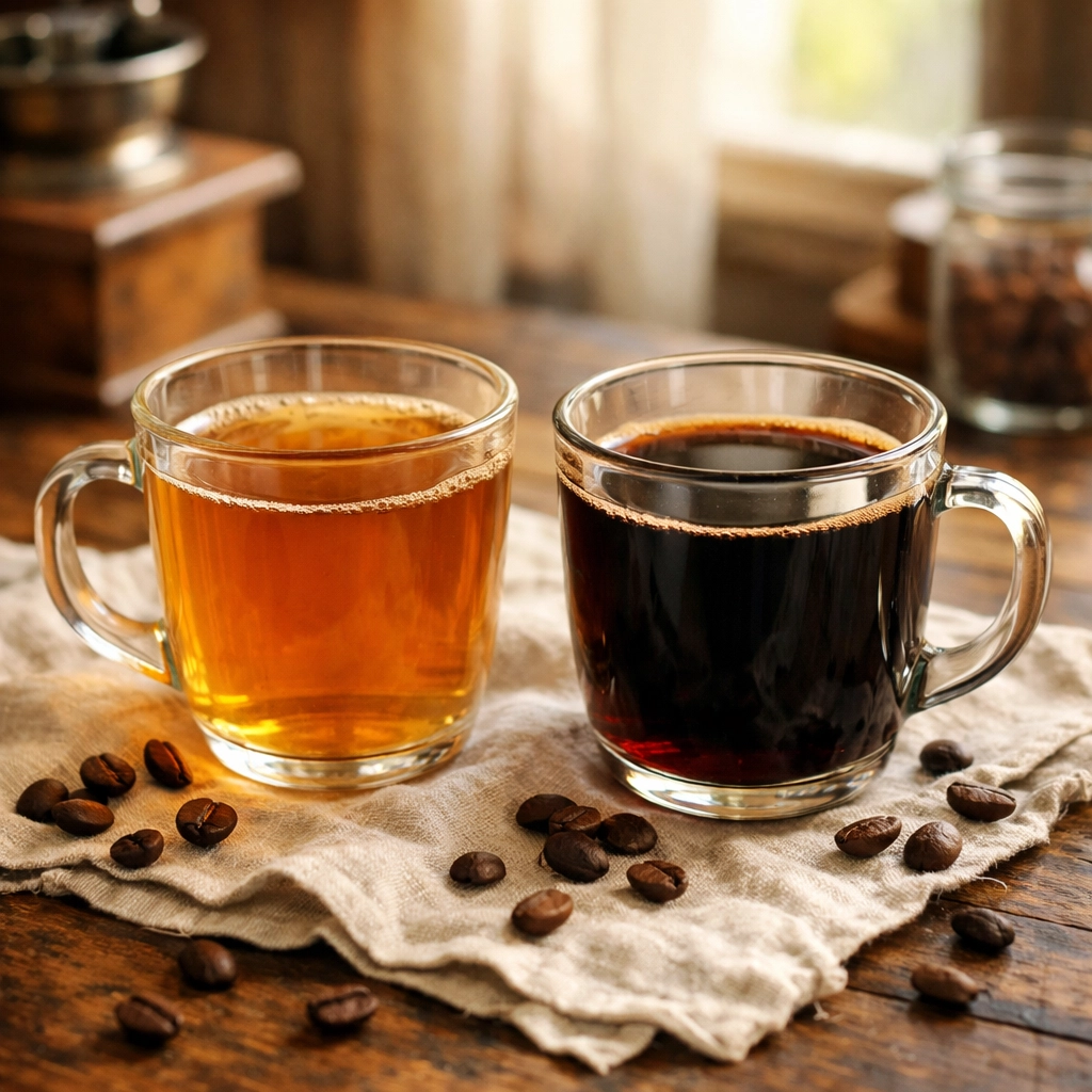 Light roast and dark roast coffee comparison in glass cups side by side