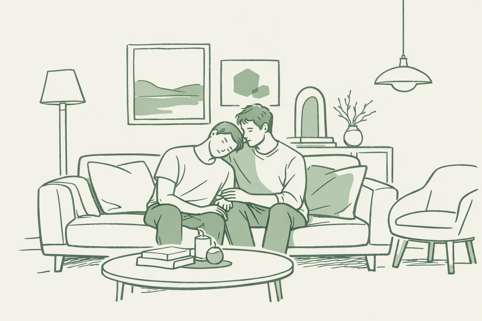 Two men share intimate moment on sofa in modern sanctuary - MM romance inspiration