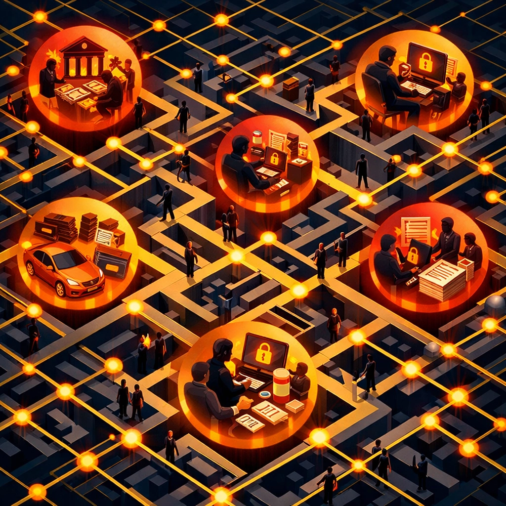 Complex network diagram illustrating organized deepfake fraud criminal operations