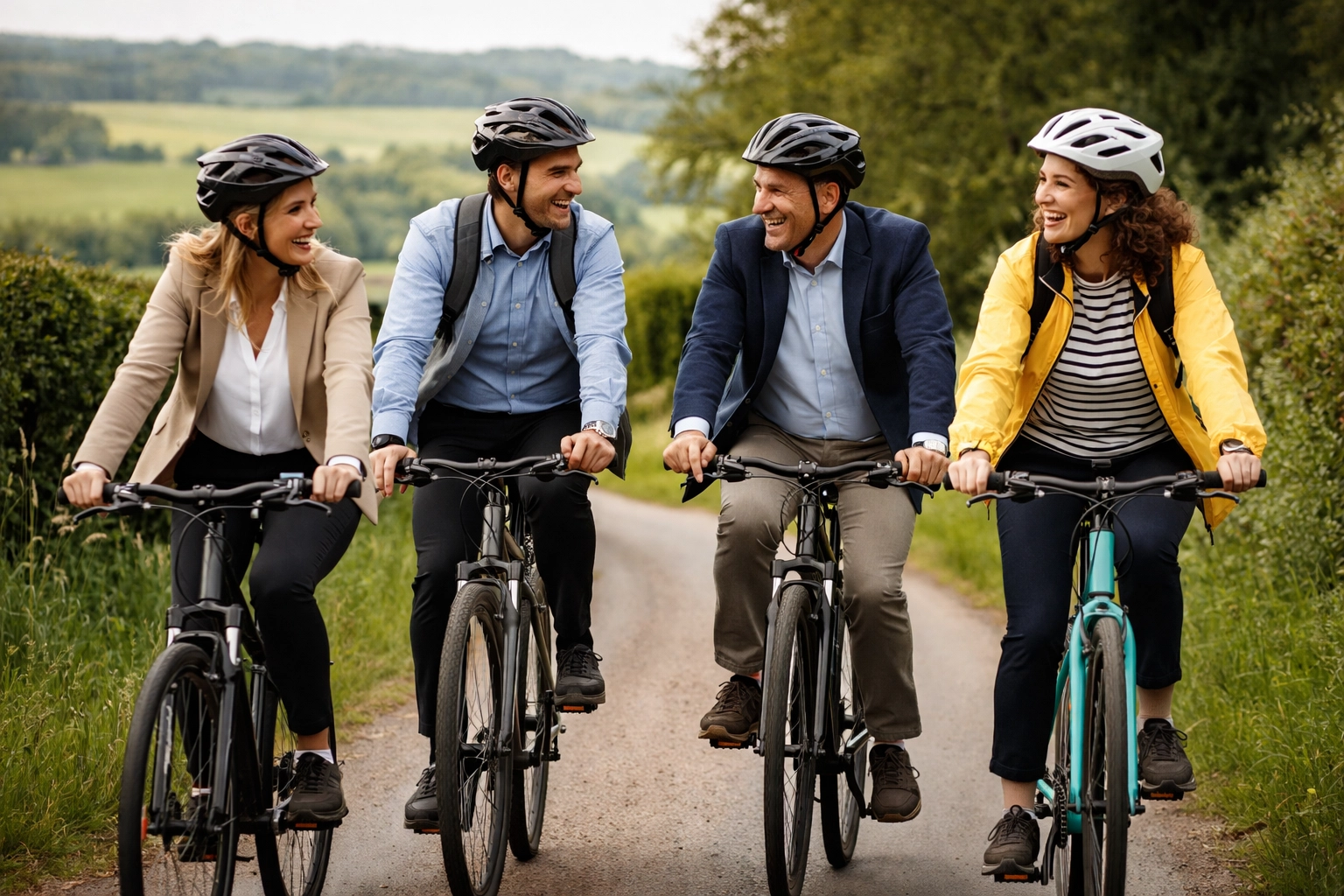 Corporate team cycling along a scenic English country lane, building camaraderie during a team building activity