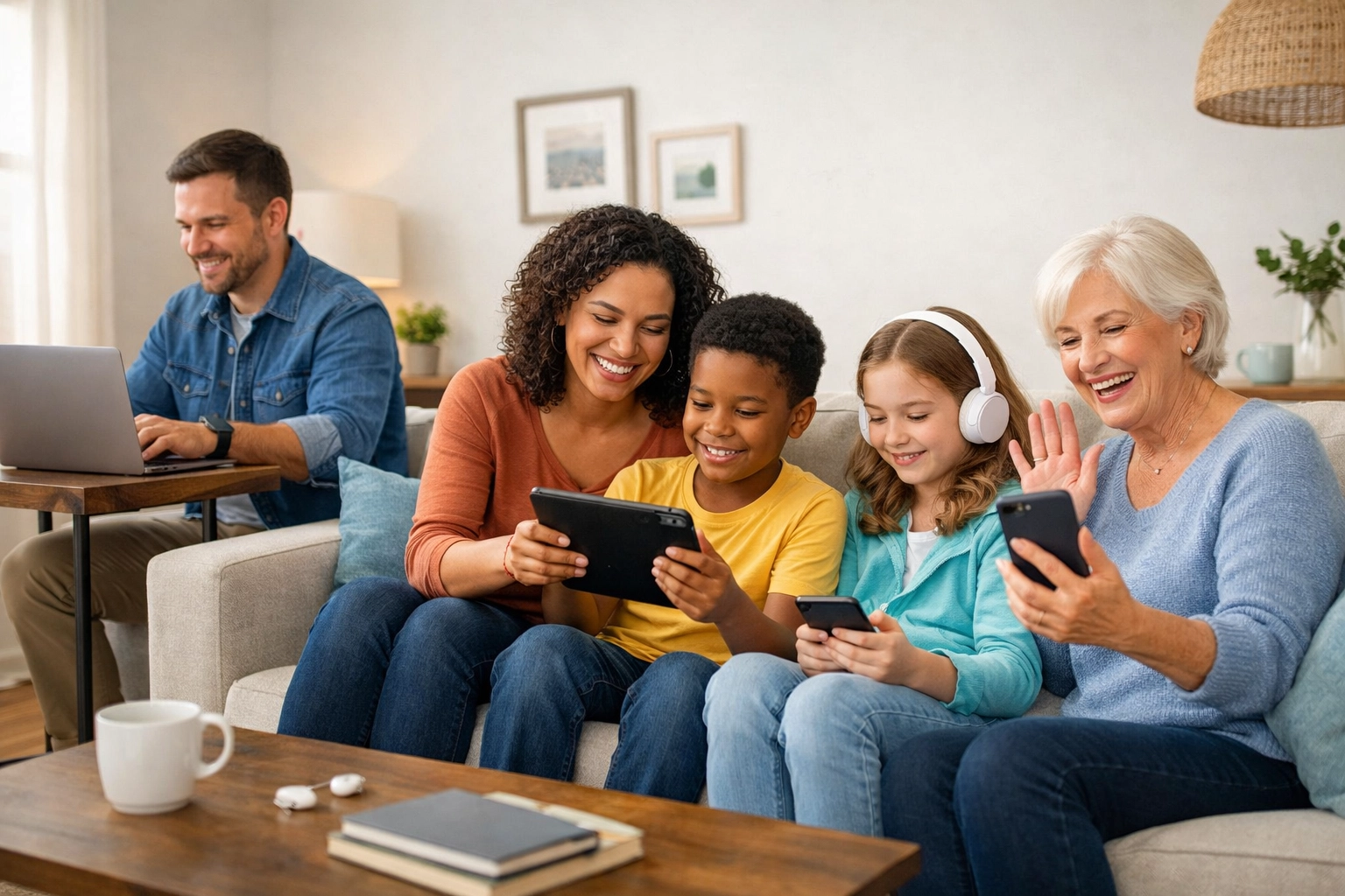 Multi-generational family using devices seamlessly in bright living room with Rahvion IT support