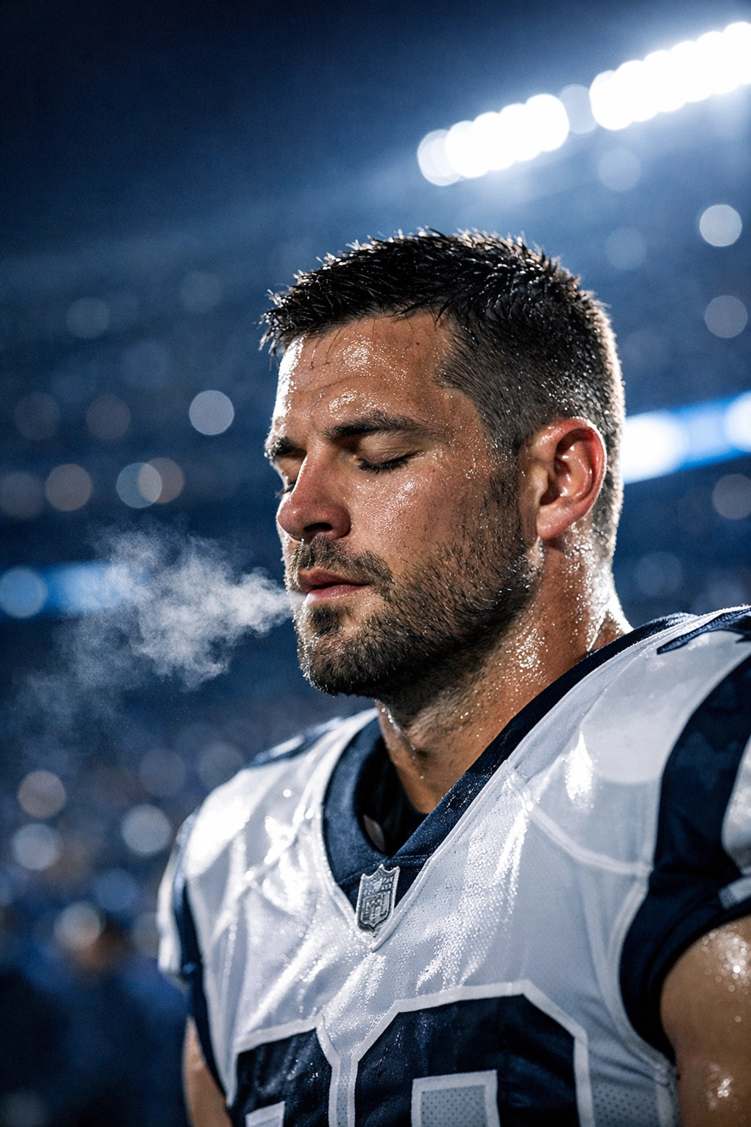 Professional athlete practicing deep breathing on a stadium sideline to maintain focus and control.