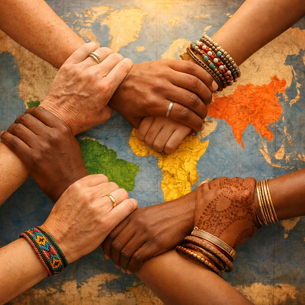 Diverse hands joining together over world map representing global unity in today's news