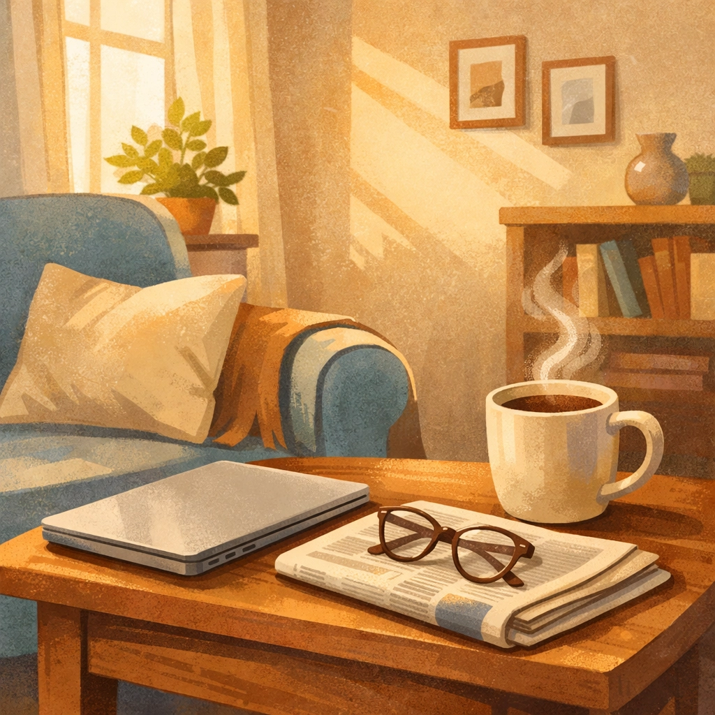 Cozy reading space with coffee and newspaper showing calm, boundaried news consumption habits