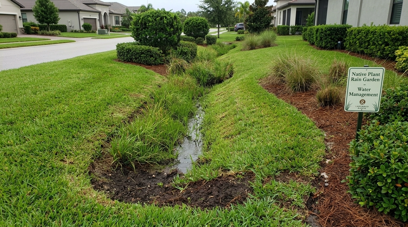 A well-maintained residential swale in a Lakewood Ranch, Florida neighborhood, designed to channel rainwater safely away from the home.