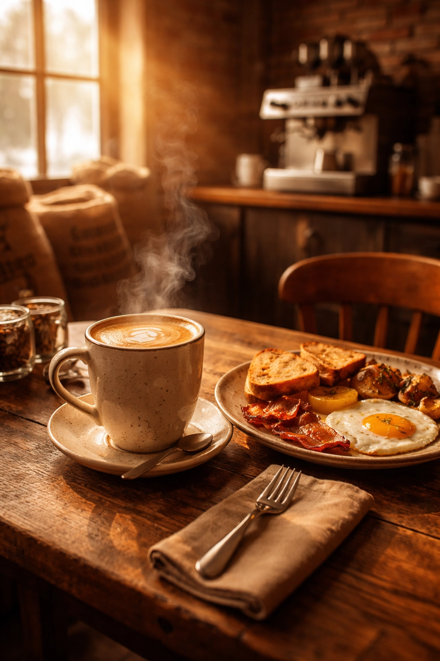 Rustic coffee shop interior in Summerville with steaming latte and hearty breakfast, perfect for winter mornings.