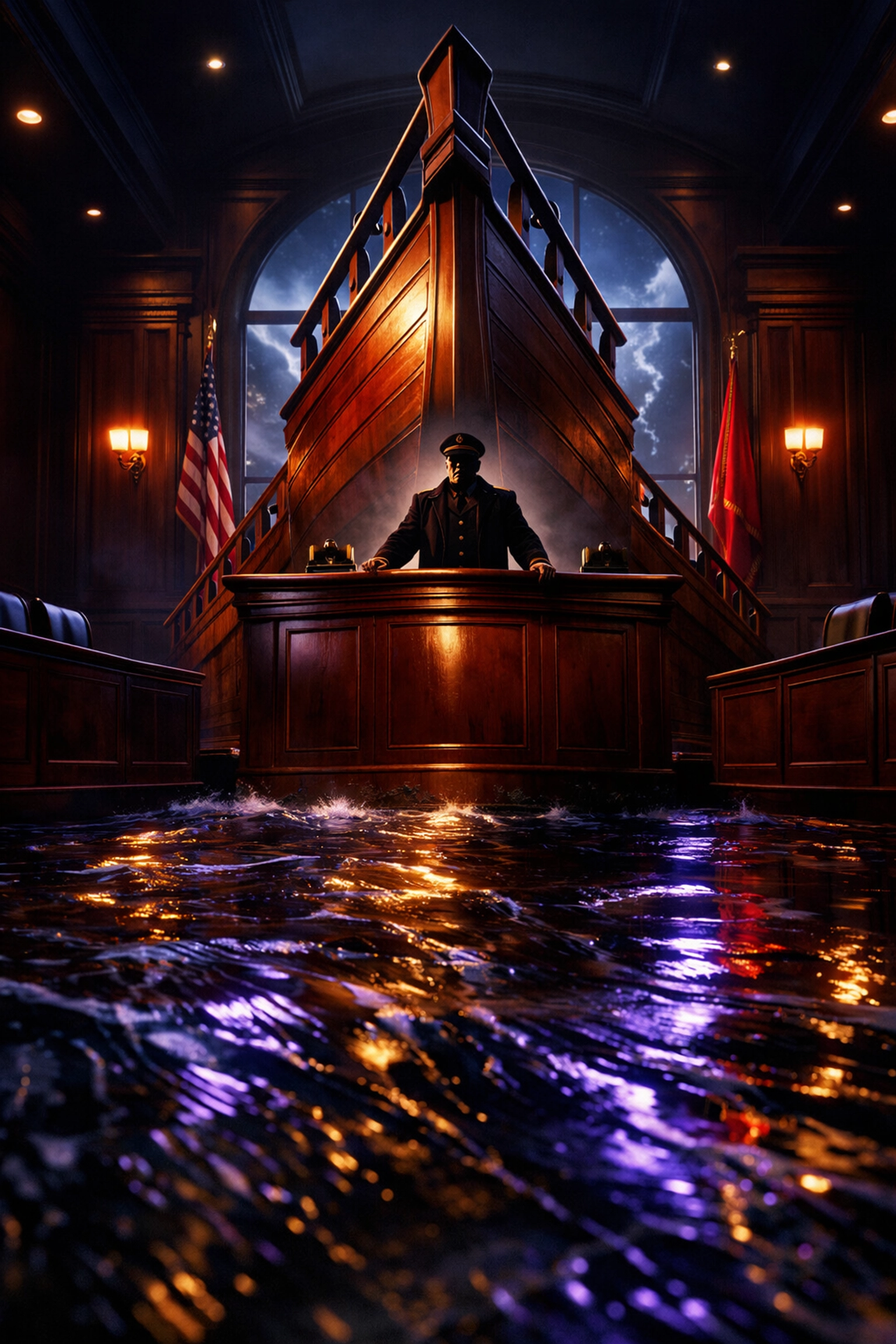 Courtroom bench morphing into a ship prow with a judge as captain, symbolizing maritime law and corporate jurisdiction.