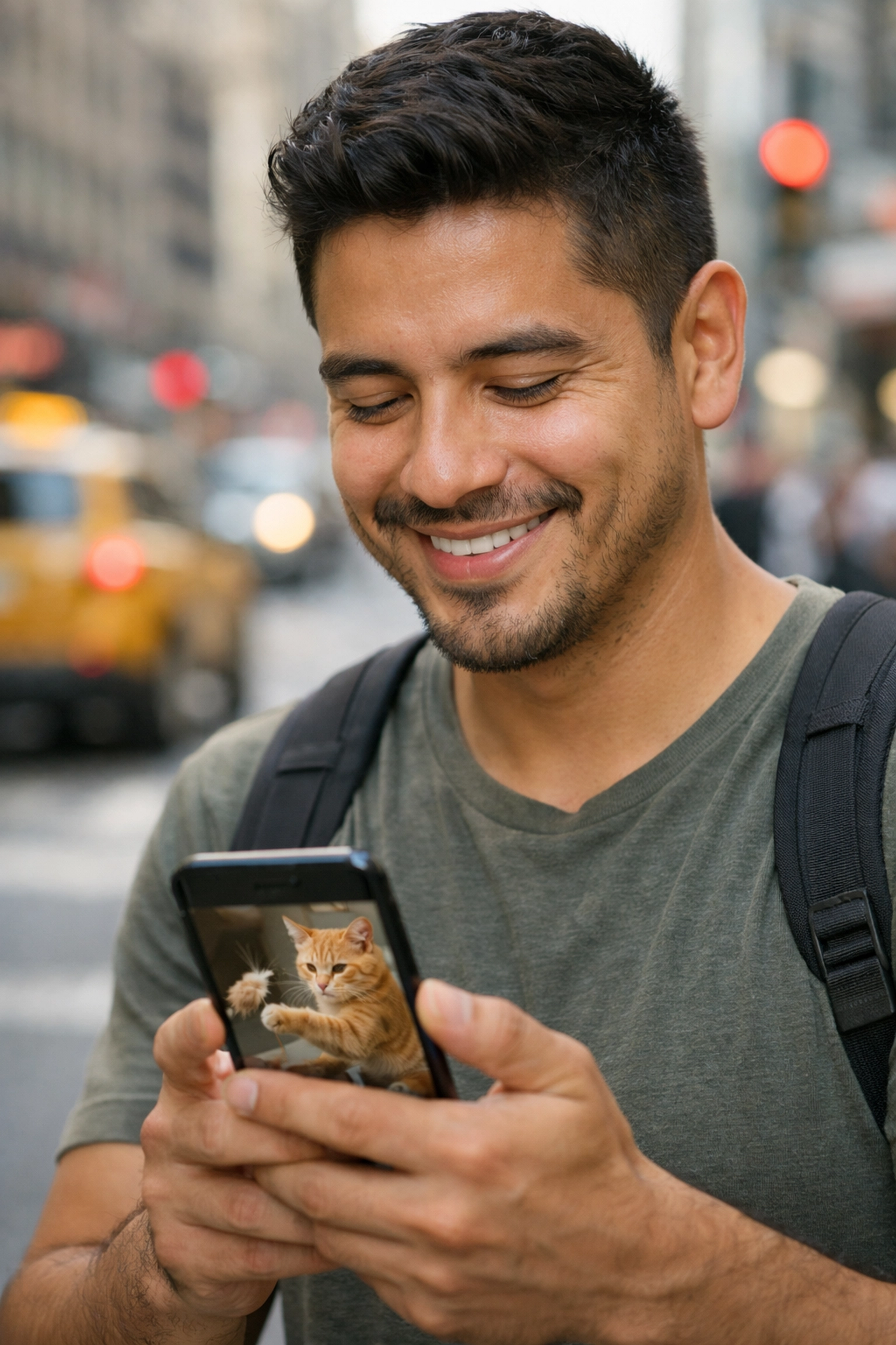 A relieved cat owner checking travel updates from professional cat sitting San Francisco providers.