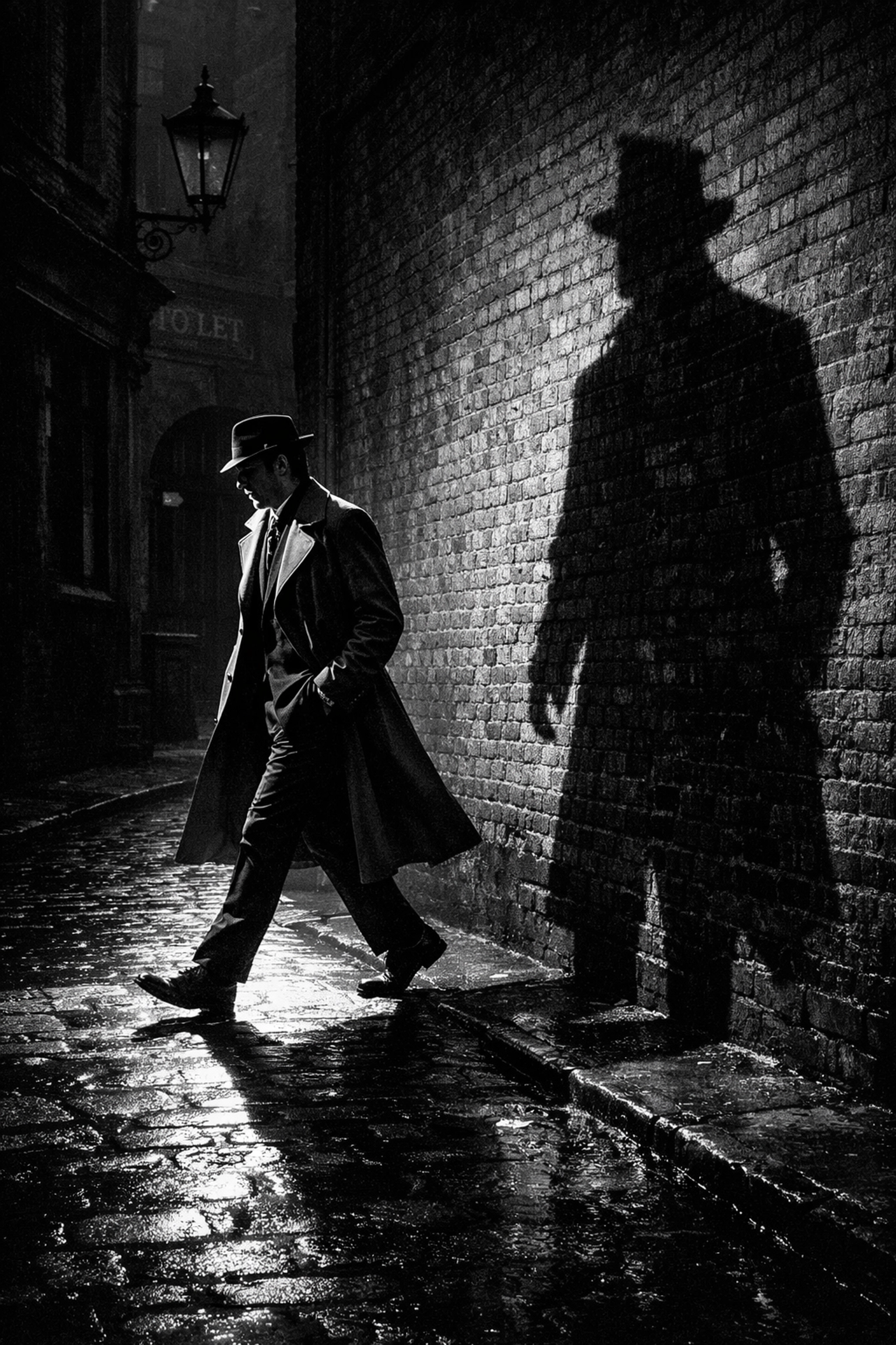 Dramatic black and white street photography ideas showing high-contrast shadows of a man in a city alleyway.