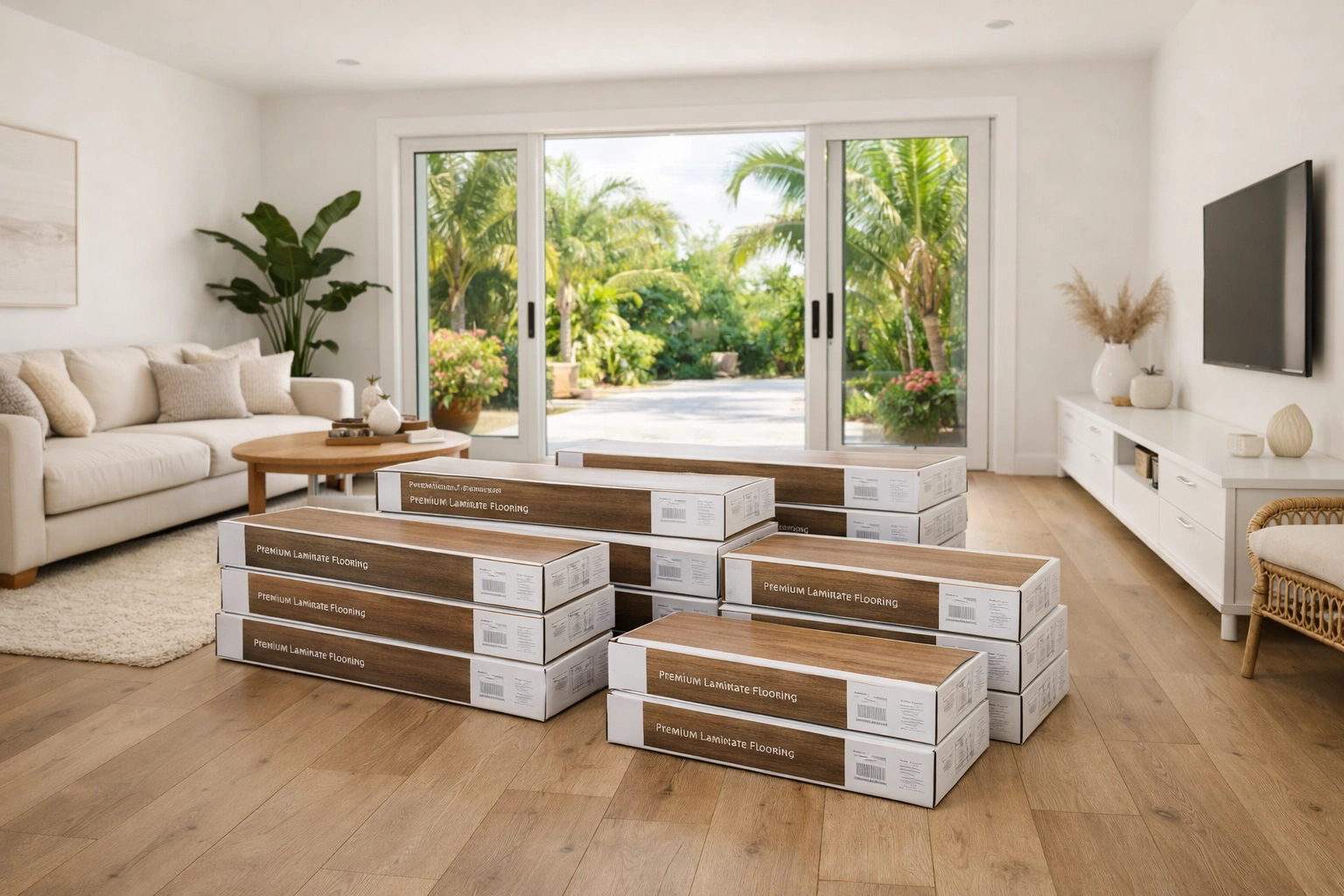 Premium flooring materials acclimating to Orlando humidity in a sun-drenched living room before installation.