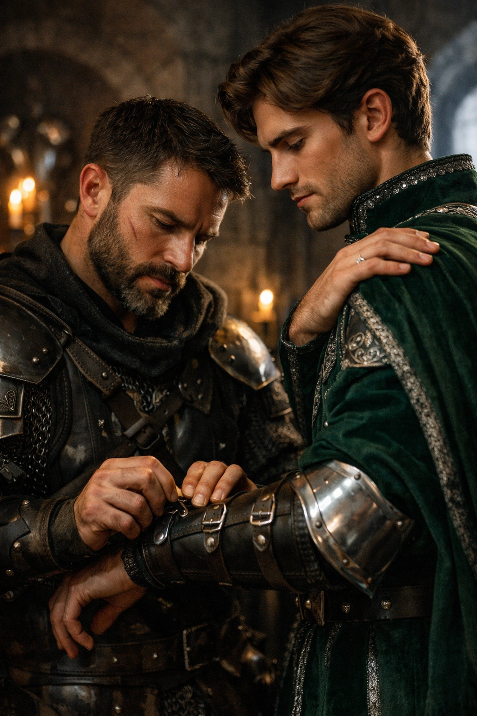 An intimate moment between a royal guard and a prince in a castle, typical of historical MM romance novels.