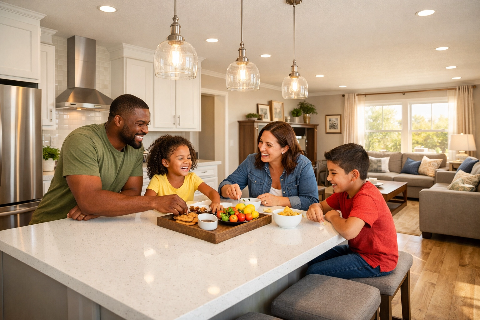 Modern manufactured home interior featuring a spacious open-concept kitchen and high-end finishes in Texas.