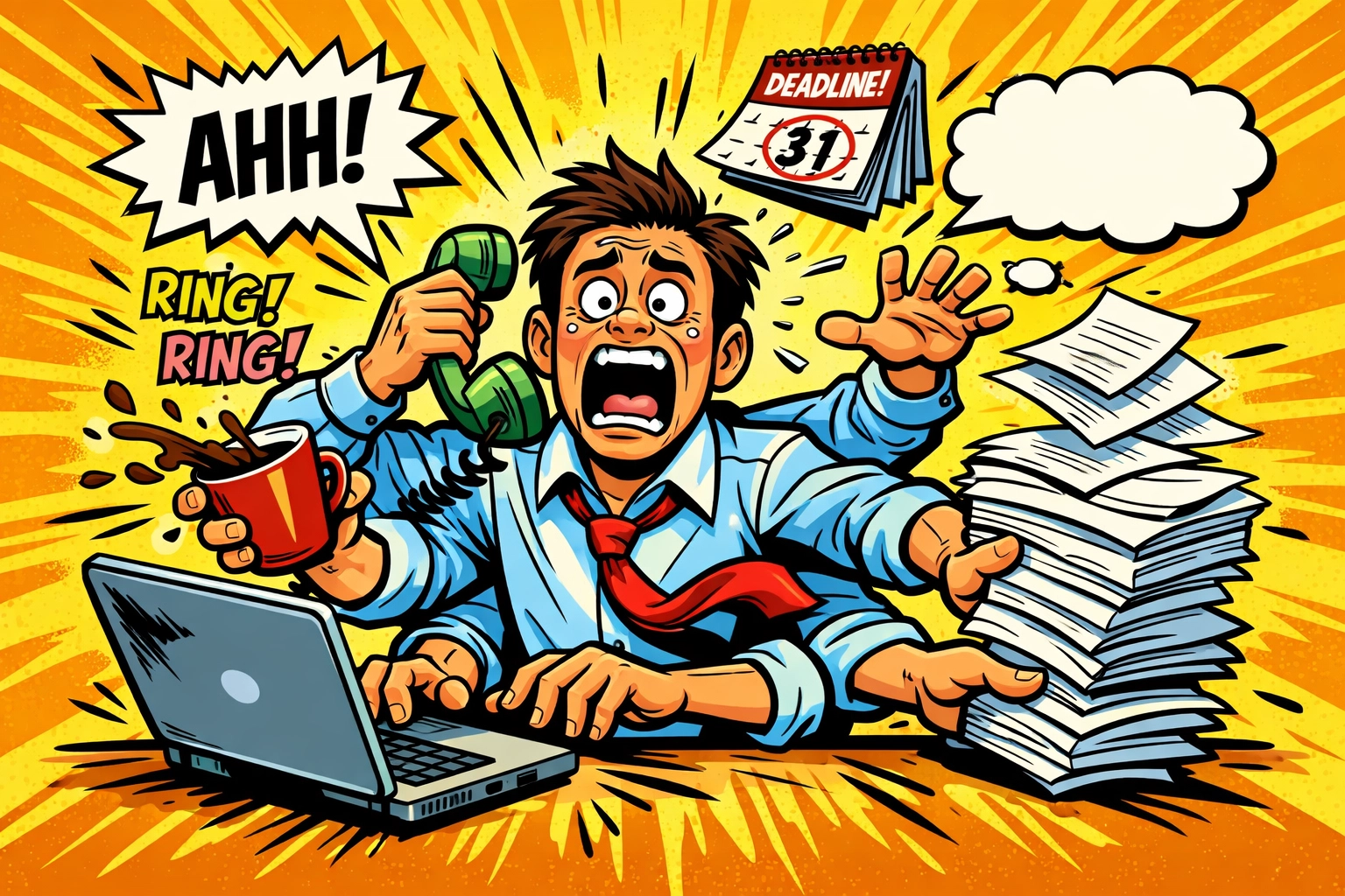 Overwhelmed small business owner juggling tasks manually before using an AI virtual assistant.