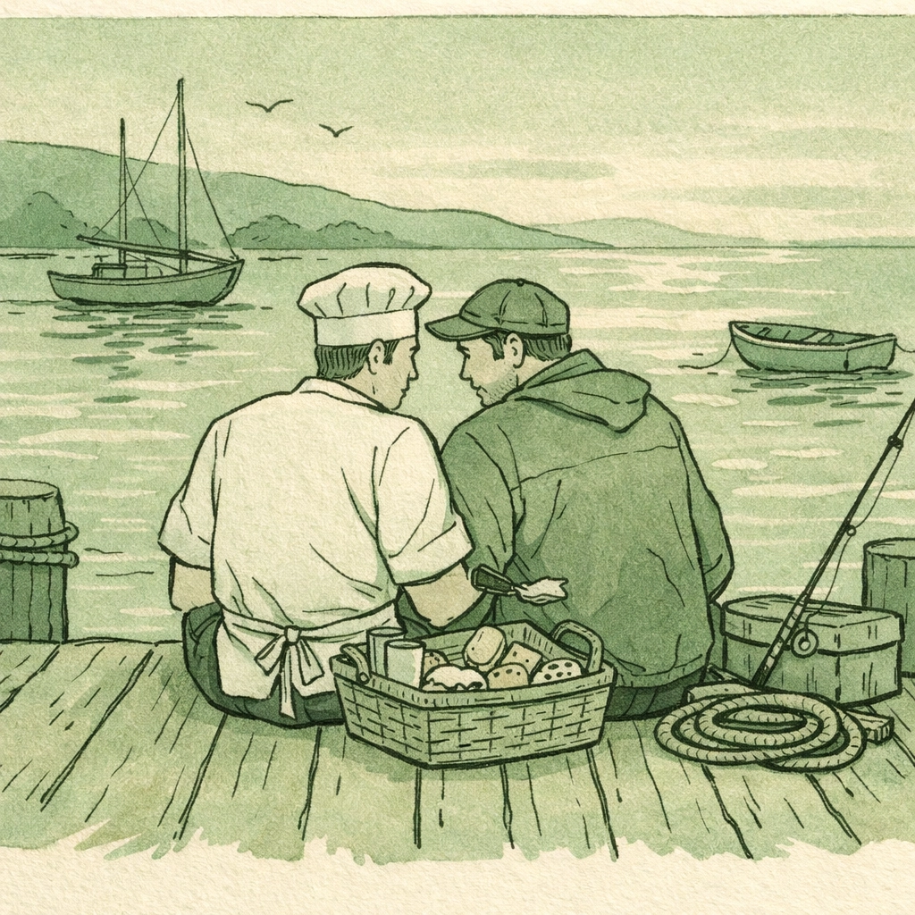 Two men sharing twilight meal on coastal dock in gay romance story