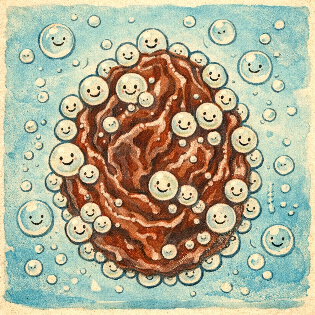 Close-up of carbon dioxide bubbles clinging to wrinkled raisin surface