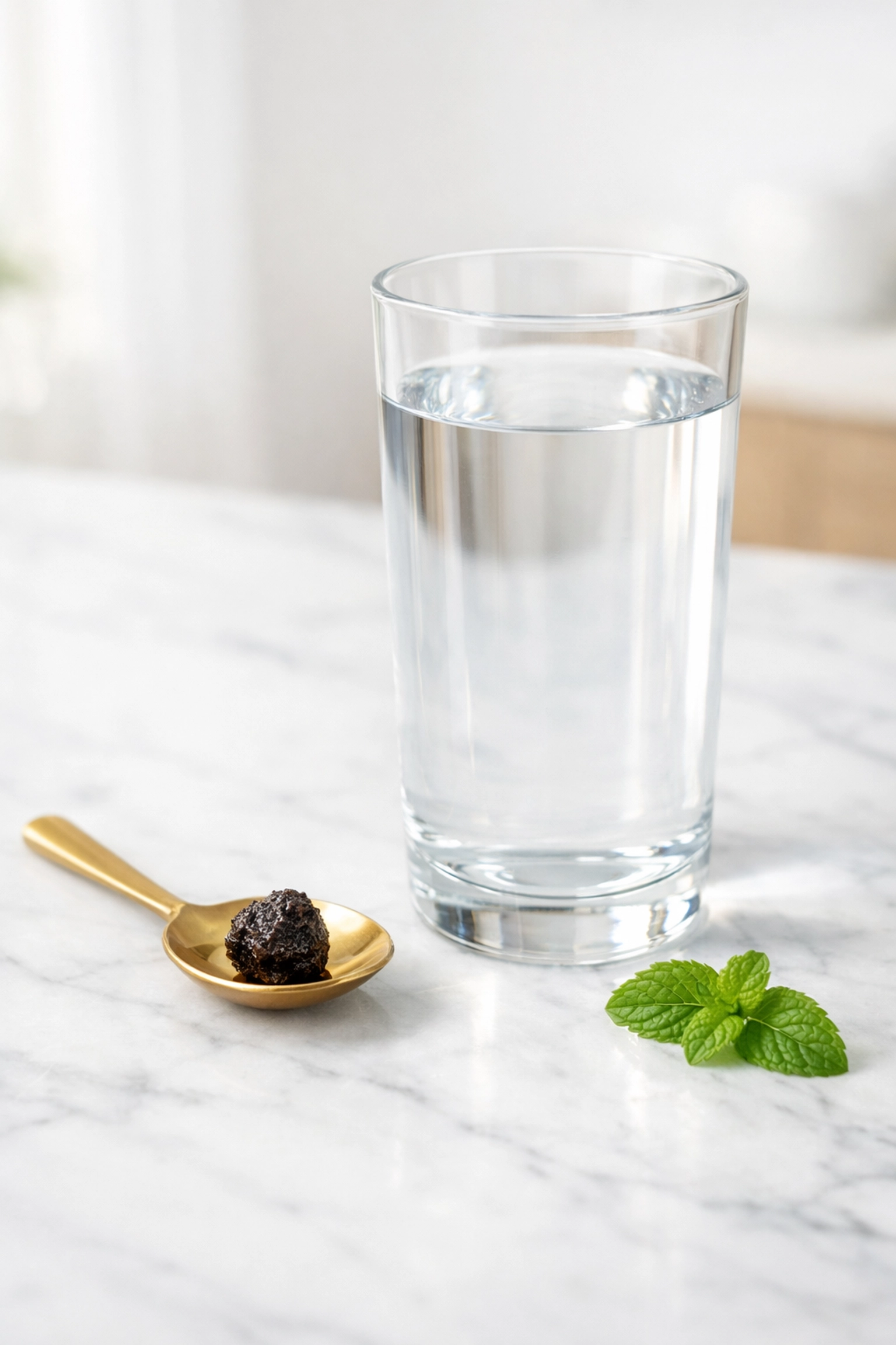 A piece of pure الحلتيت on a brass spoon next to water, a natural detox by Moroccan Goods Shop.
