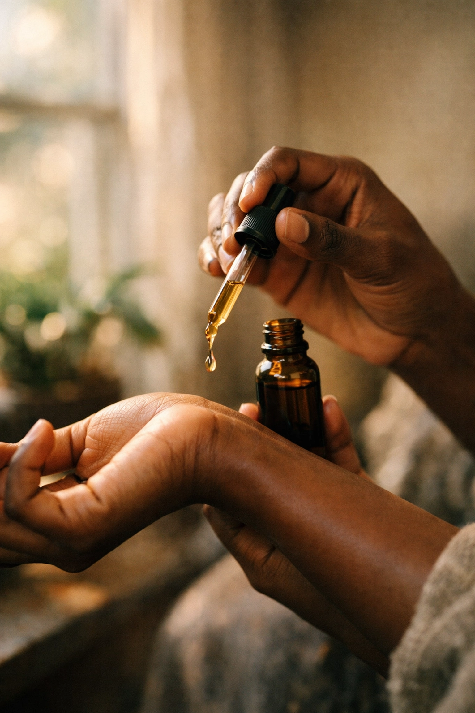 Hands applying essential oil in grounding self-care ritual