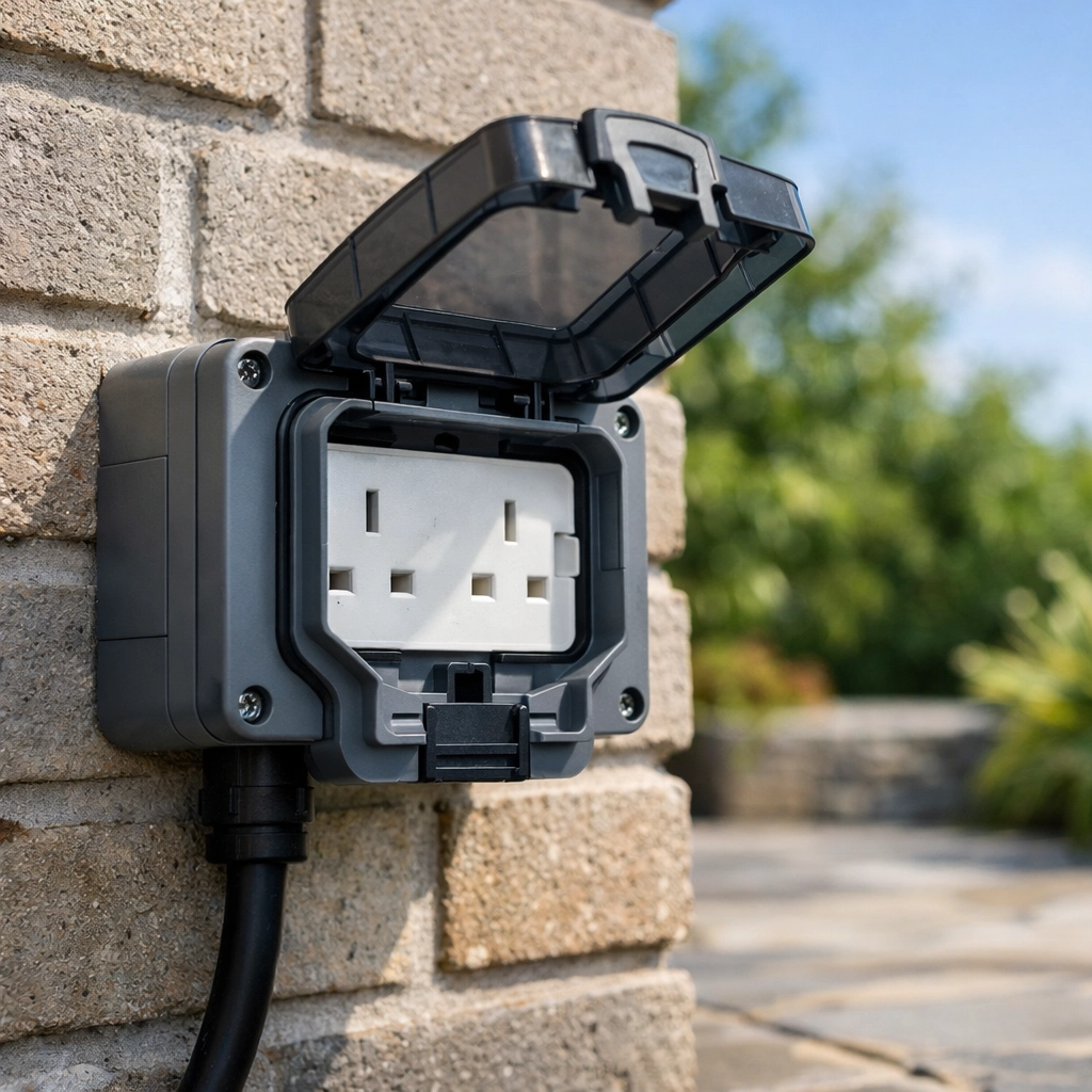High-quality weatherproof external socket on a brick wall, ensuring outdoor electrical safety in Dorset.