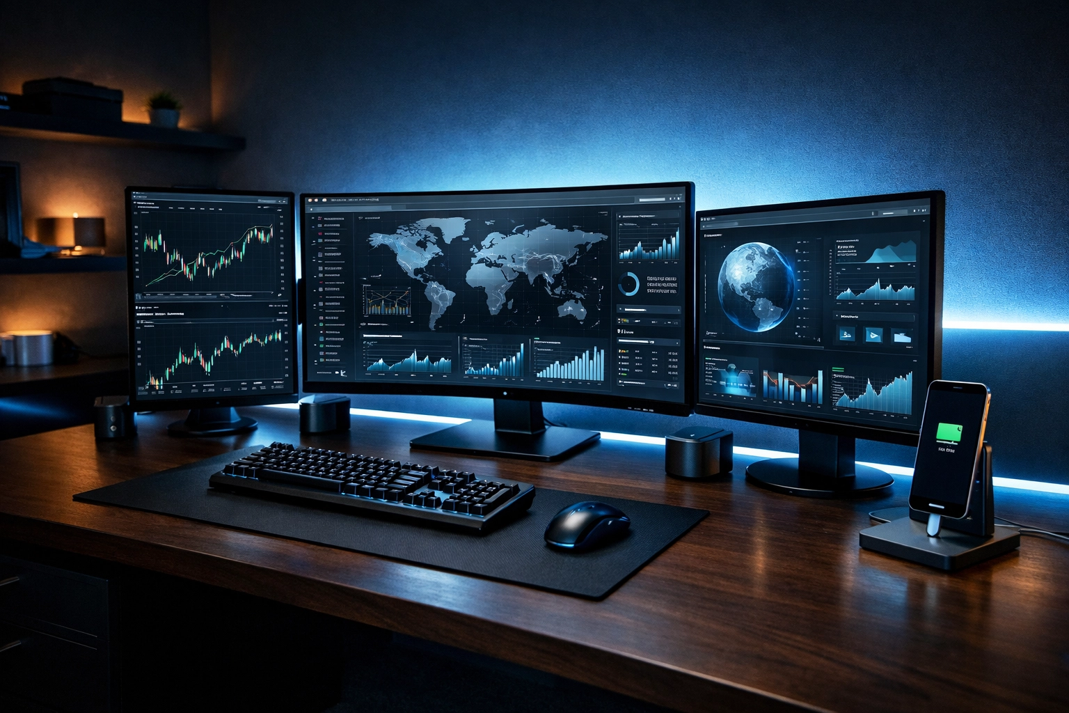 Modern multi-monitor command center for a business utilizing automated digital marketing strategies.