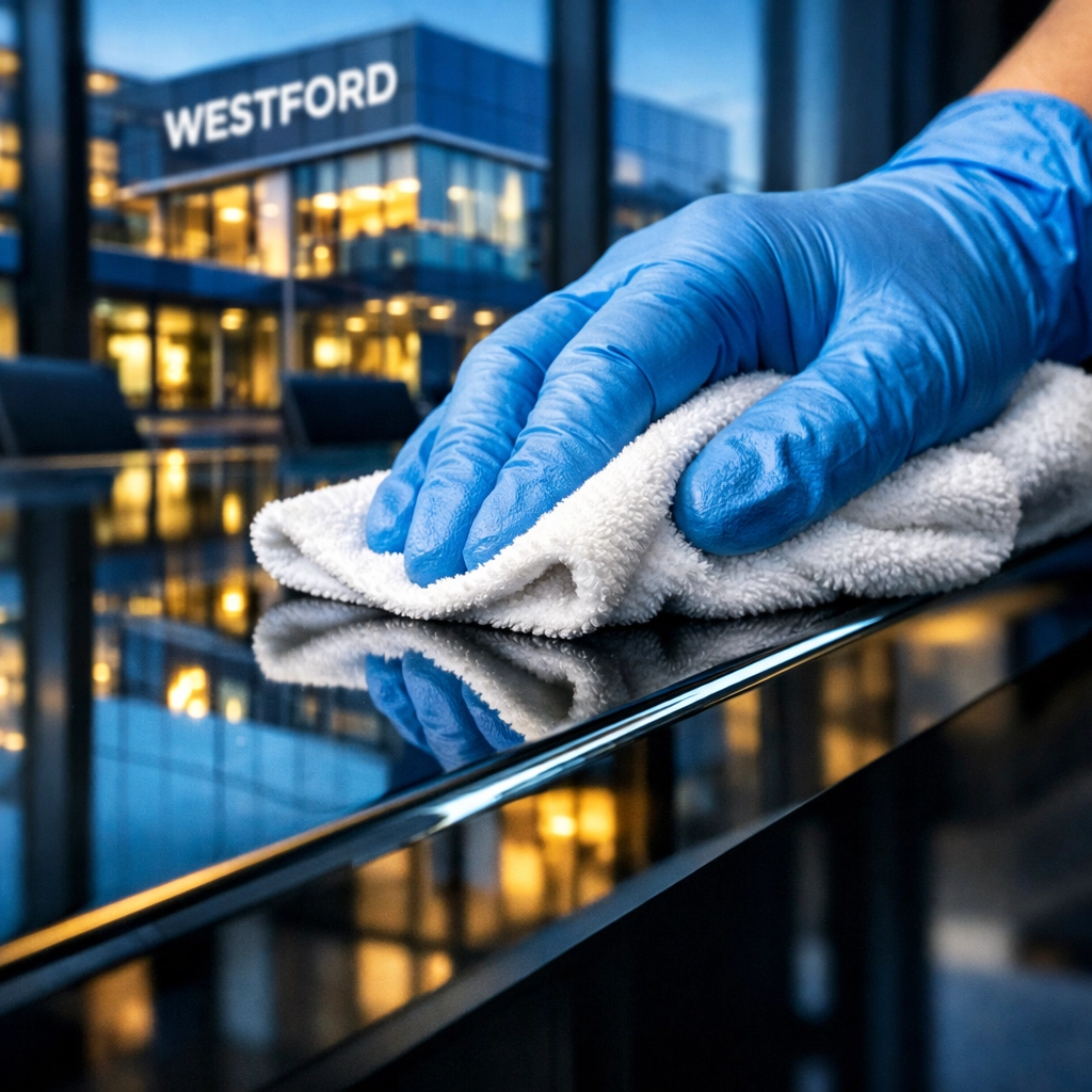 Professional office cleaning in Westford featuring a detailed wipe-down of a high-end glass conference table.