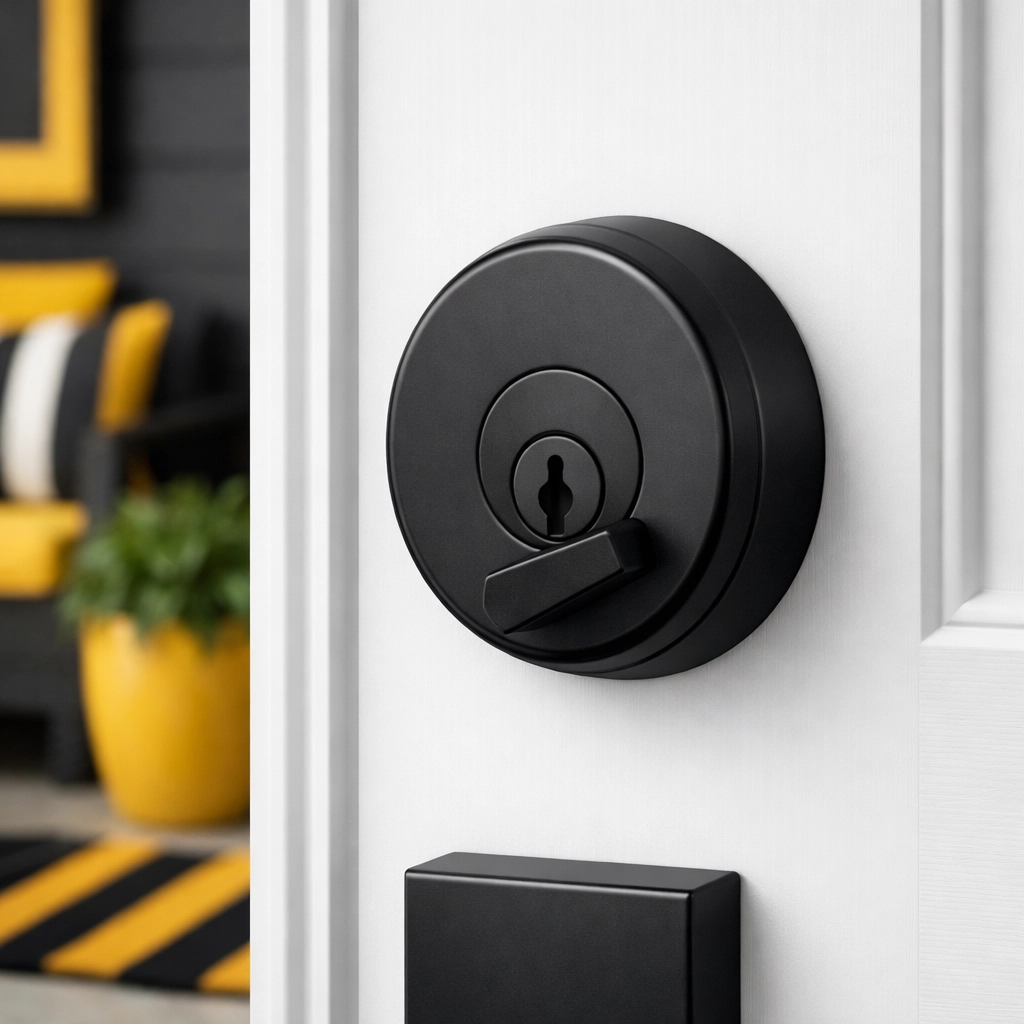 Modern high-security matte black deadbolt lock installed on a Greenwood residential front door.